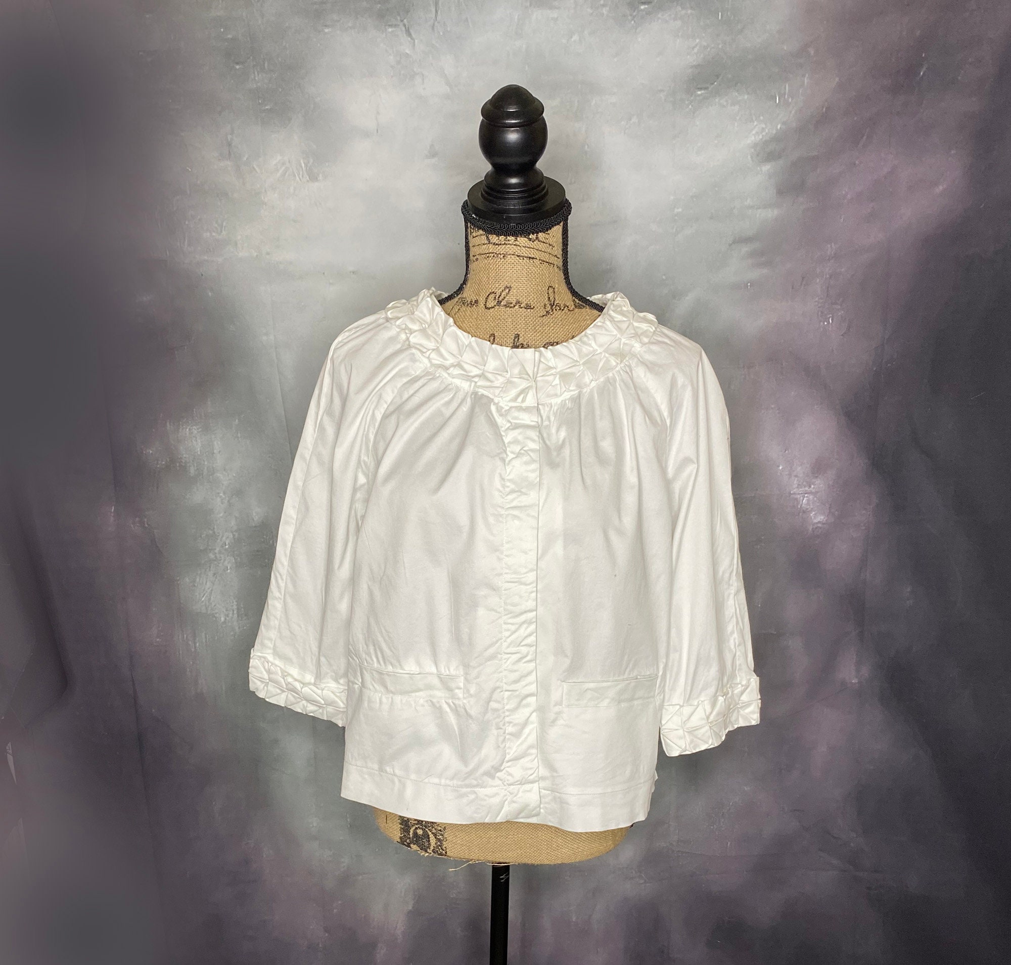 White Blouse, Cotton Blend, 3/4 Length Sleeves, Cropped, Ruffle Neckline & Cuffs, Chloe Dao, 90's, Small