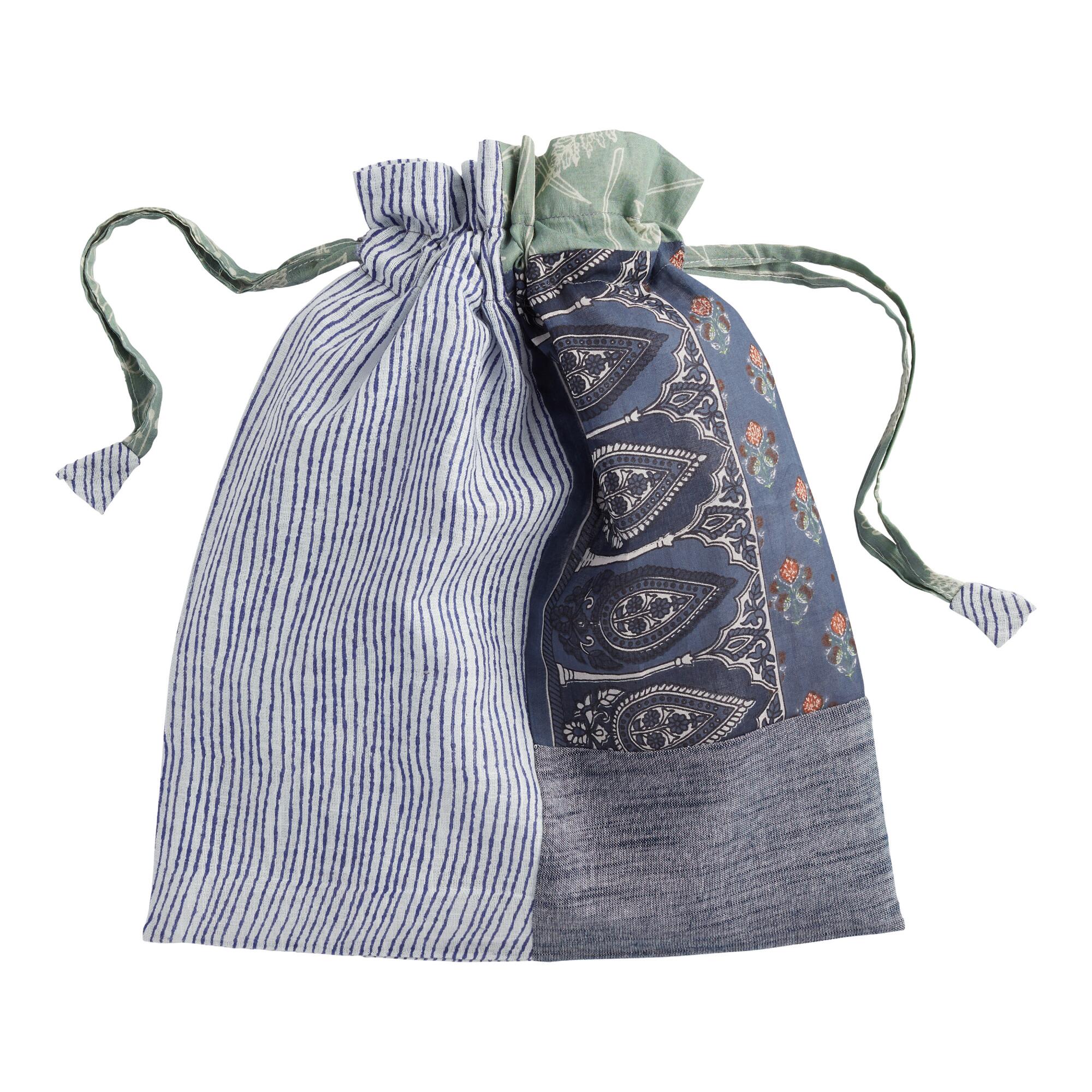 Upcycled Fabric Silaiwali Drawstring Gift Bag: Blue - Cotton by World Market