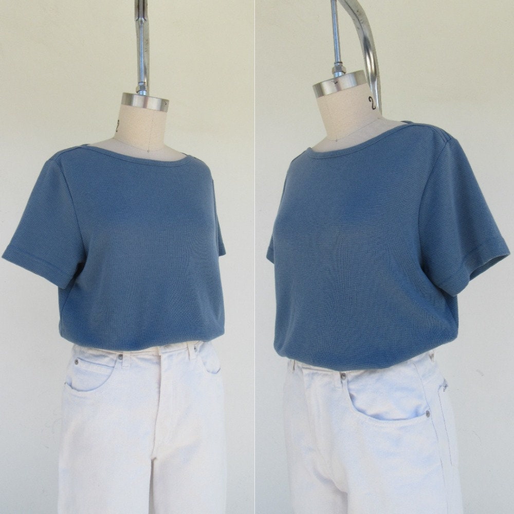90S Slate Blue Cotton Blend Short Sleeve Boatneck Waffle Texture Tee Shirt | Minimal Blouse Size S