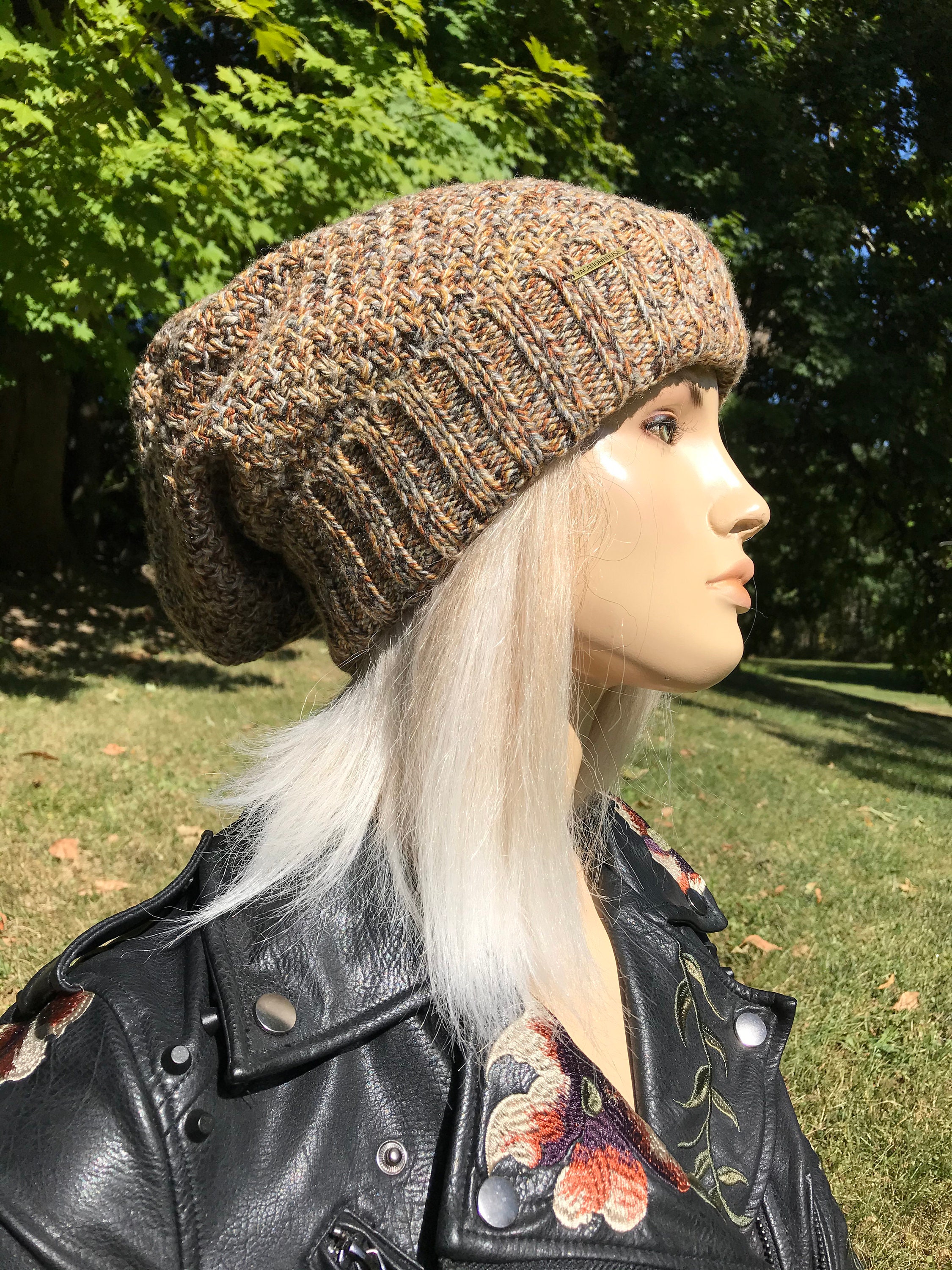 New Slouchy Hat Wool Blend Winter Beanie Brown Tan Cuffed Tweed Slouch Tams Women's Warm Bohemian Grunge Clothing Vacationhouse Hats A1810
