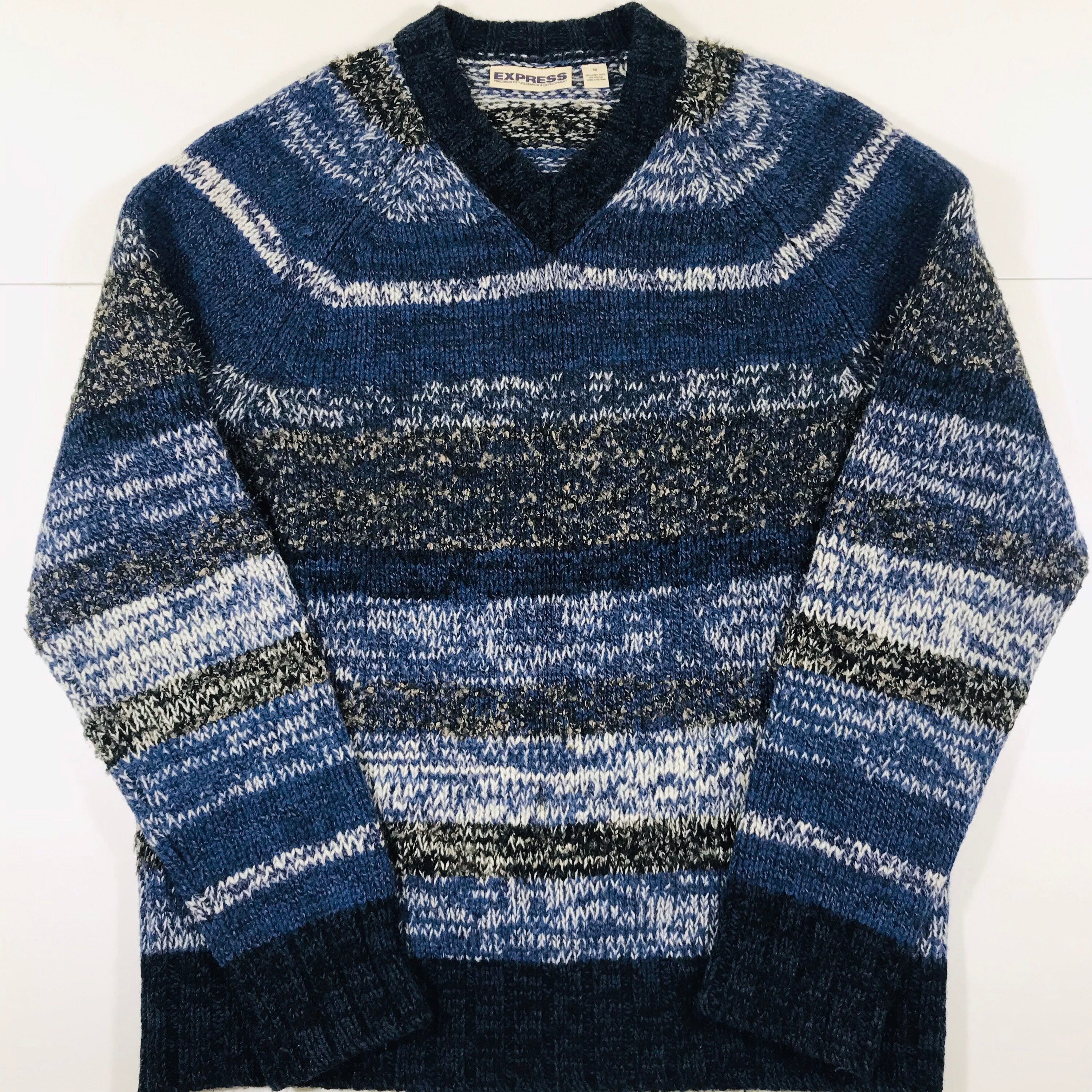 Vintage 90S Express Lambs Wool Blend Blue Gray Knit Sweater Size Woman's Medium