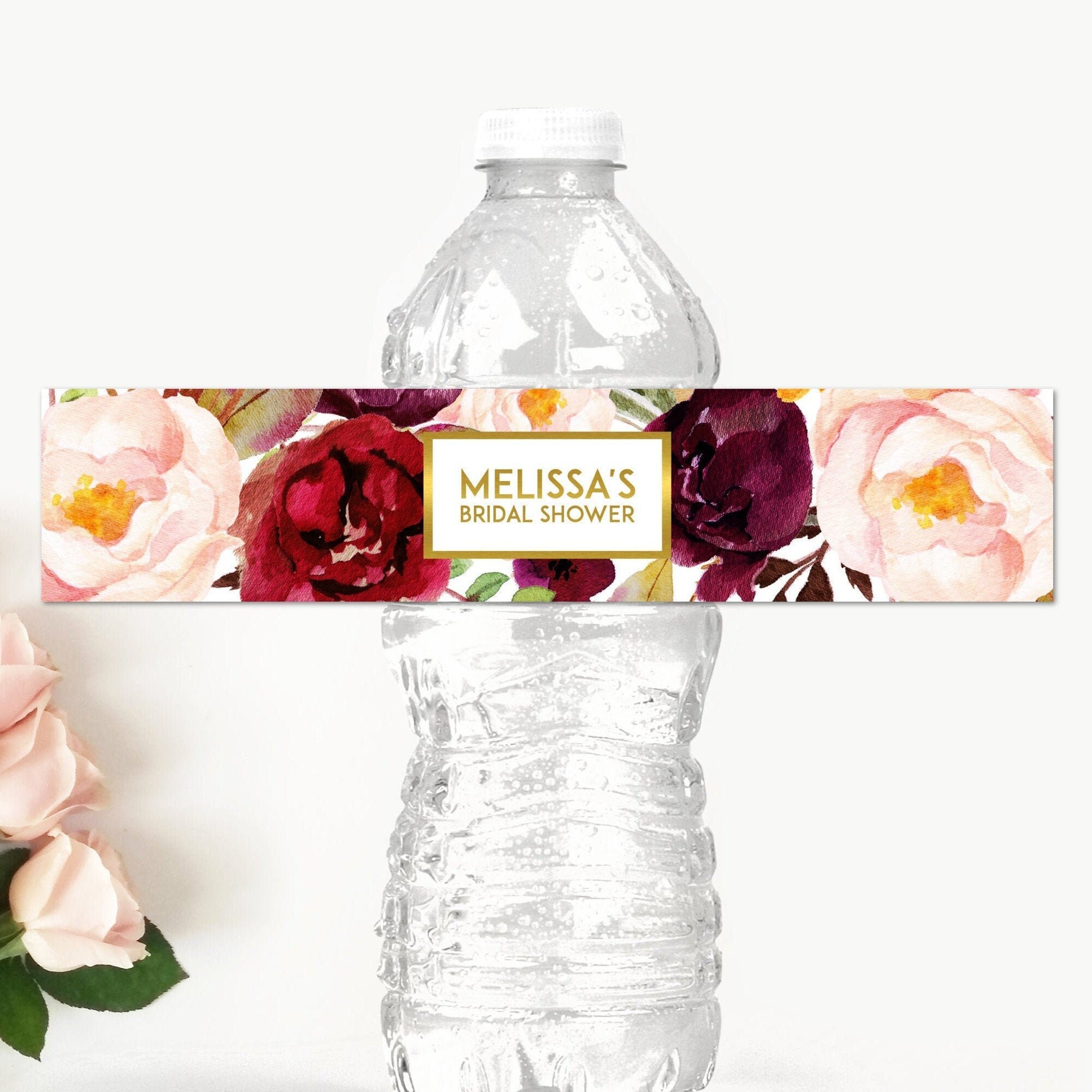Floral Water Bottle Labels Burgundy Bridal Shower Baby Birthday Custom Label Printable Gold A38 A68 B61 C48