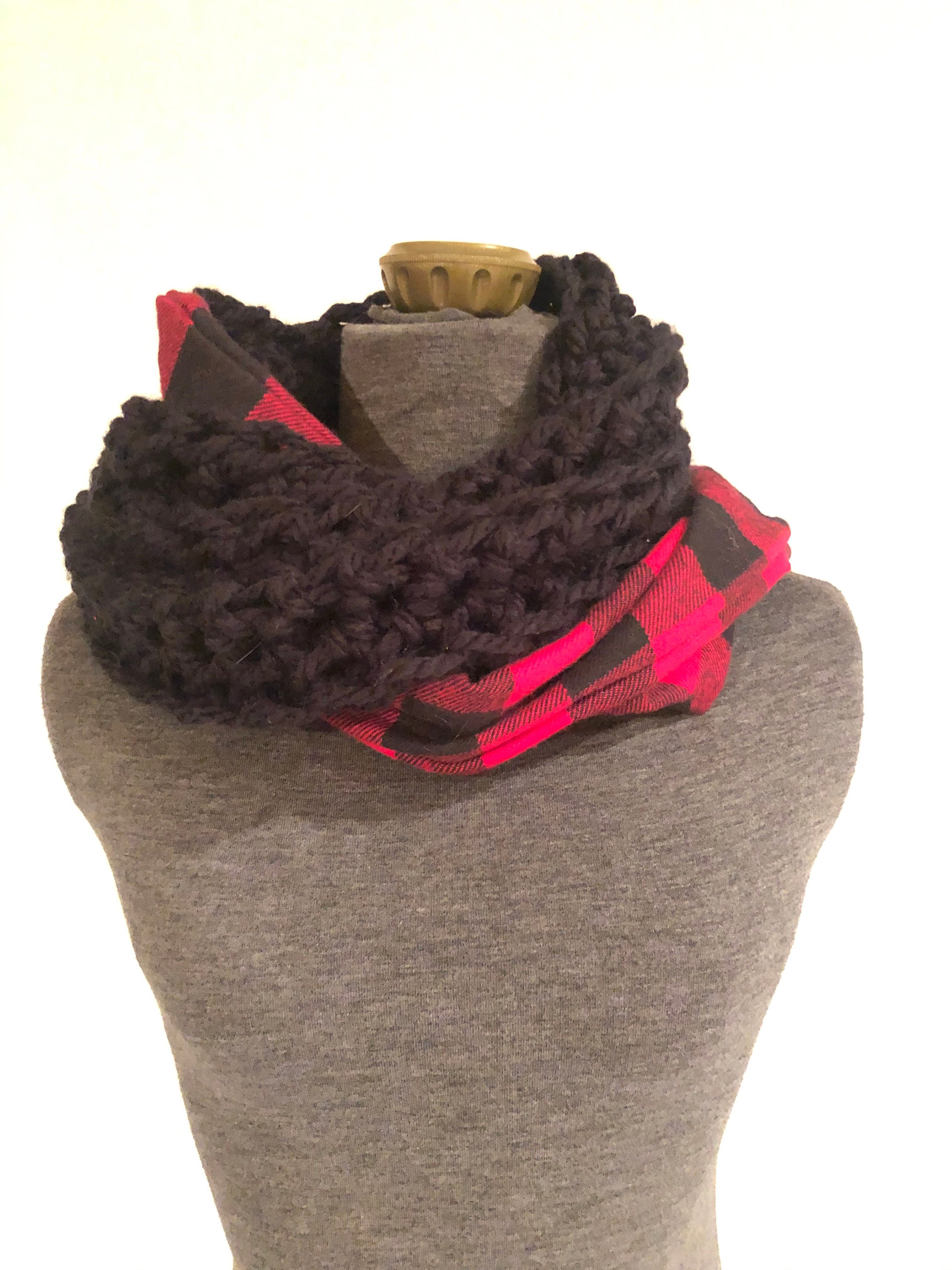 Buffalo Plaid Flannel & Wool Blend Knit Infinity Scarf/Unique Knit Loop /Womans Scarf/ Cozy Gift For Her