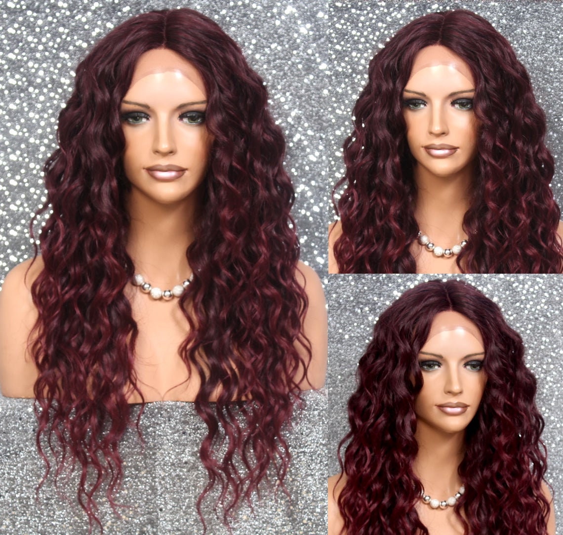 Burgundy Mix Human Hair Blend Lace Front Wig Perfect Beach Curls Wavy Center Handtied Part Layered Heat Ok Cancer Alopecia Cosplay Emo Anime