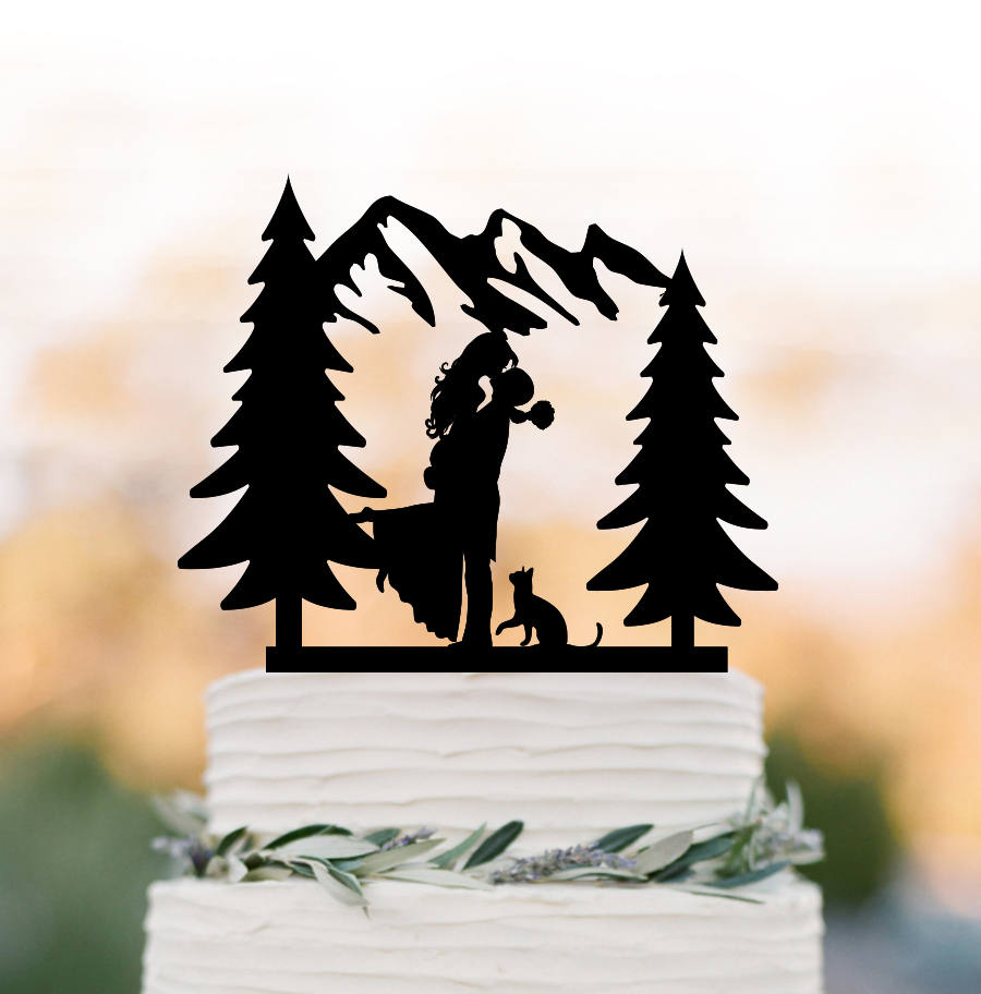Outdoors Wedding Cake Topper Mountain With Cat, Tree, Silhouette Anniversary Gift, Pine Tree