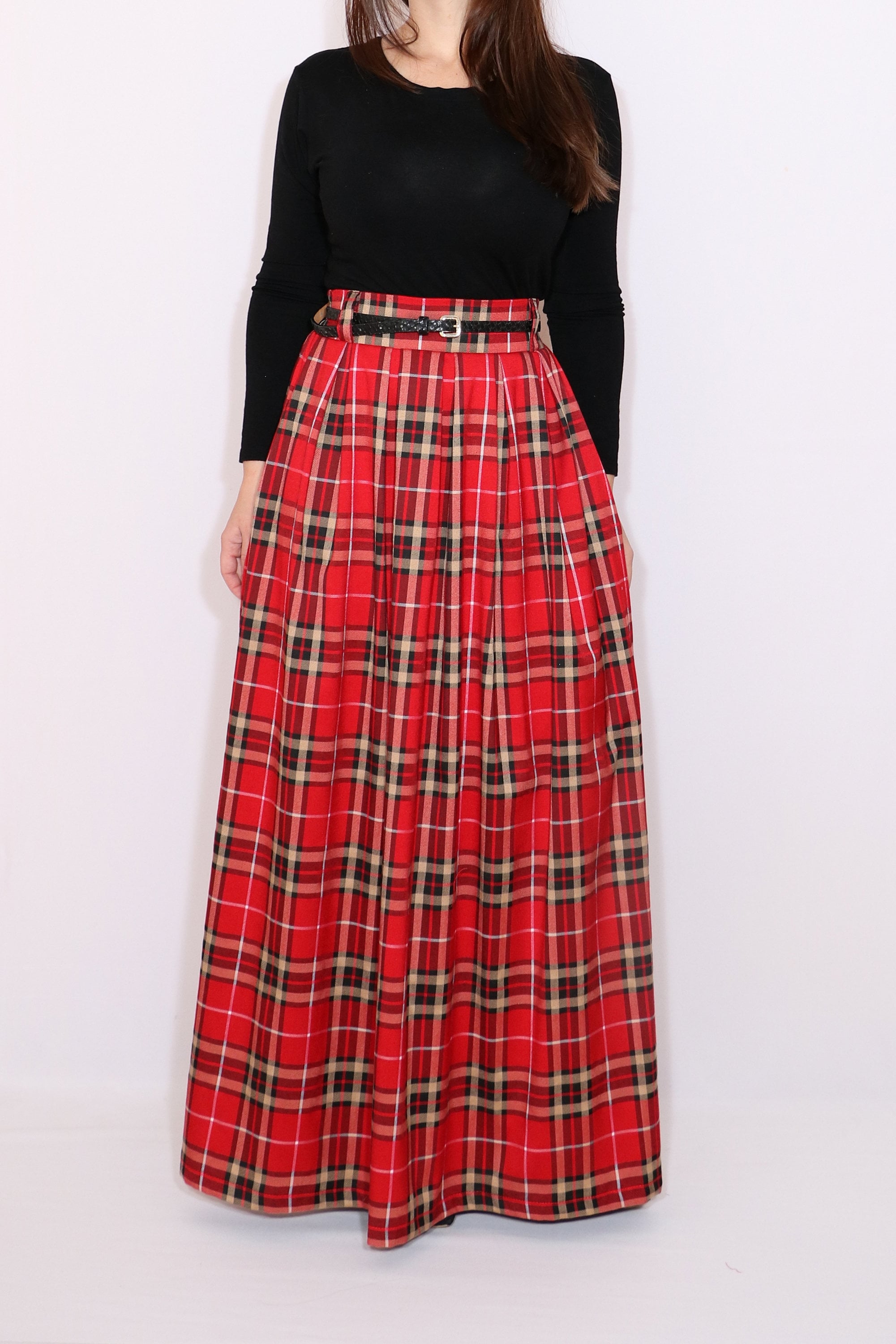 Red Long Plaid Skirt With Pockets, Red Tartan Skirt, Maxi