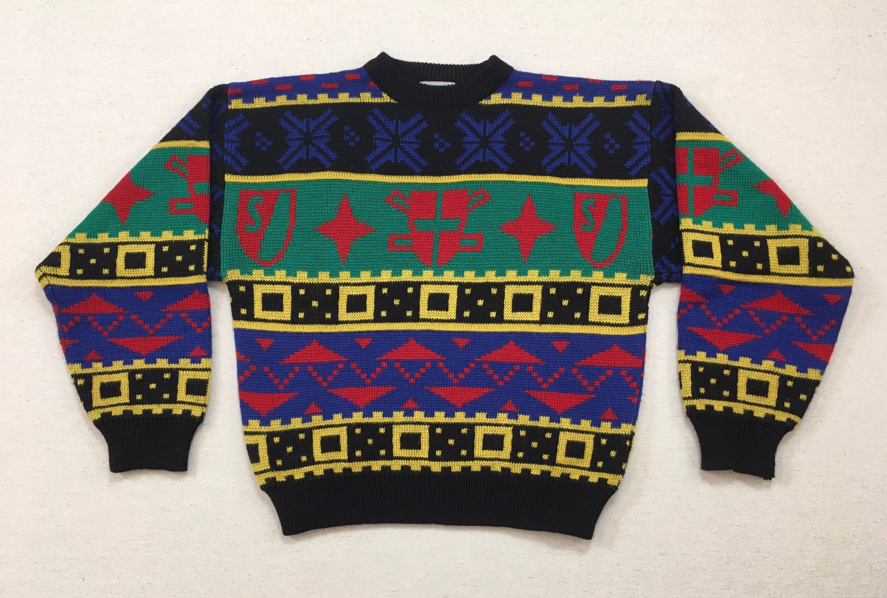 1990's, Wool Blend, Sweater in Black With Red, Green, Yellow & Blue, Shield Design