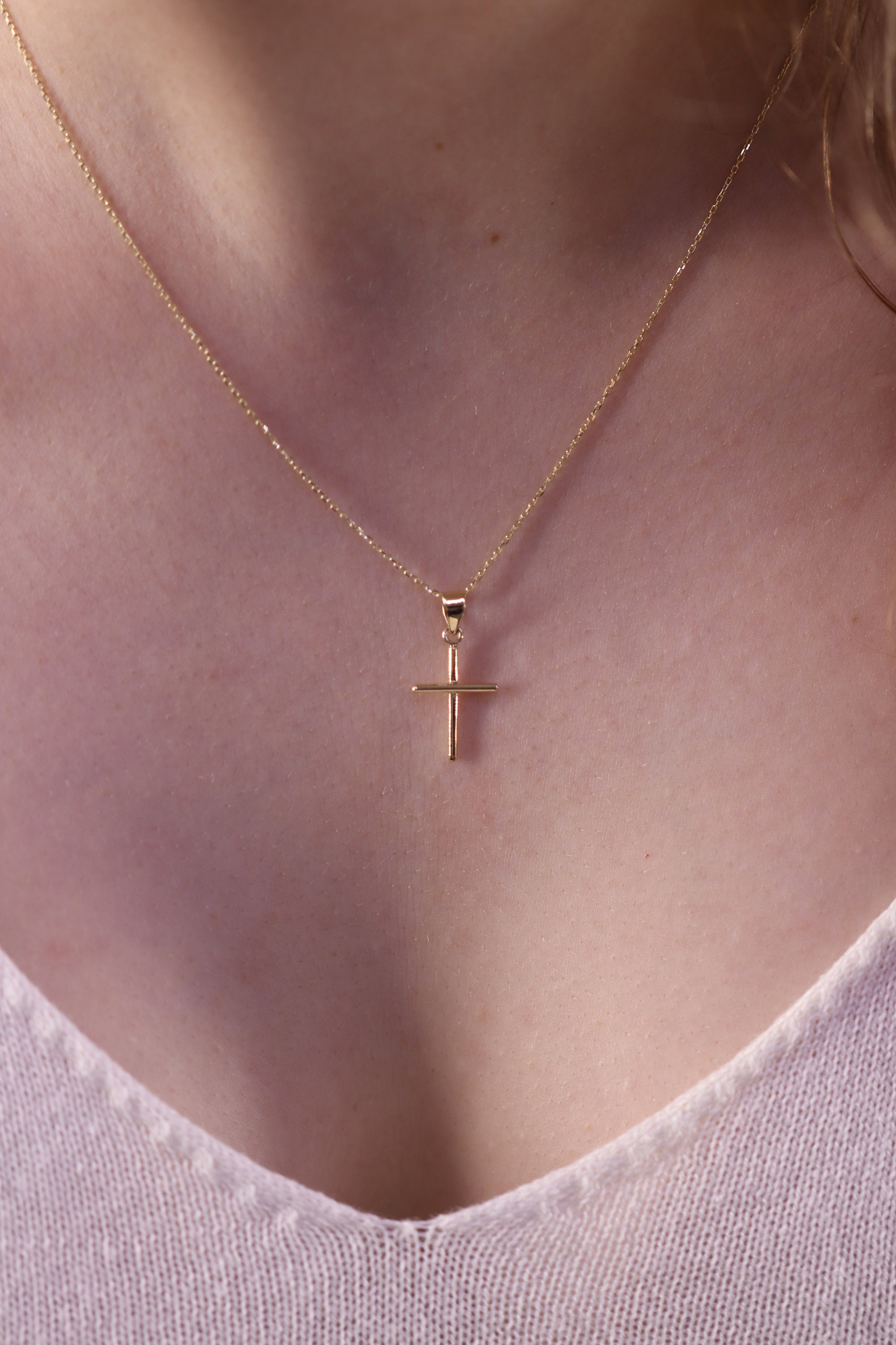 14K Gold Cross Necklace/Handmade Religious Available in Gold, Rose White