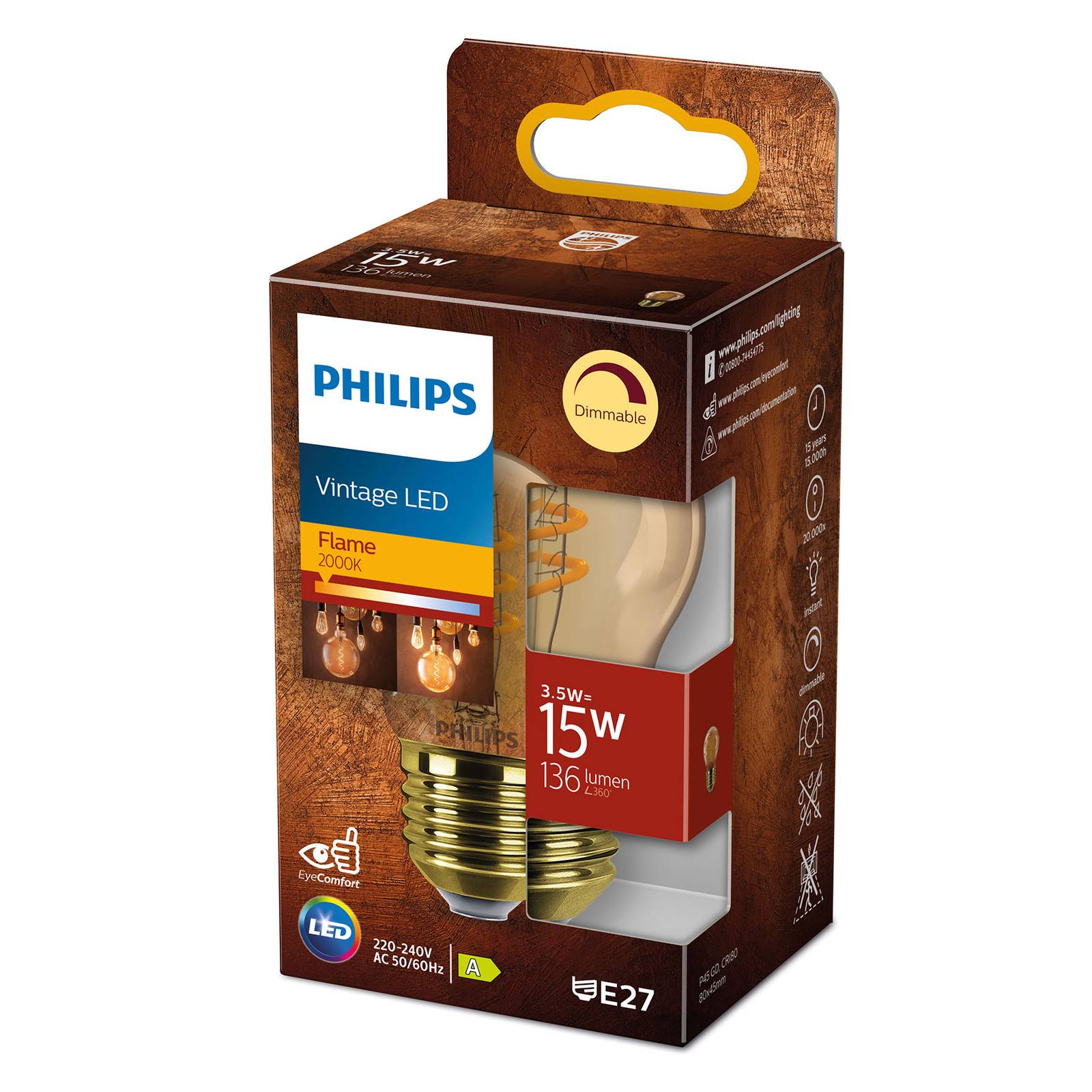 Philips LED Classic E27 P45 3,5W 1 800 K gold dim
