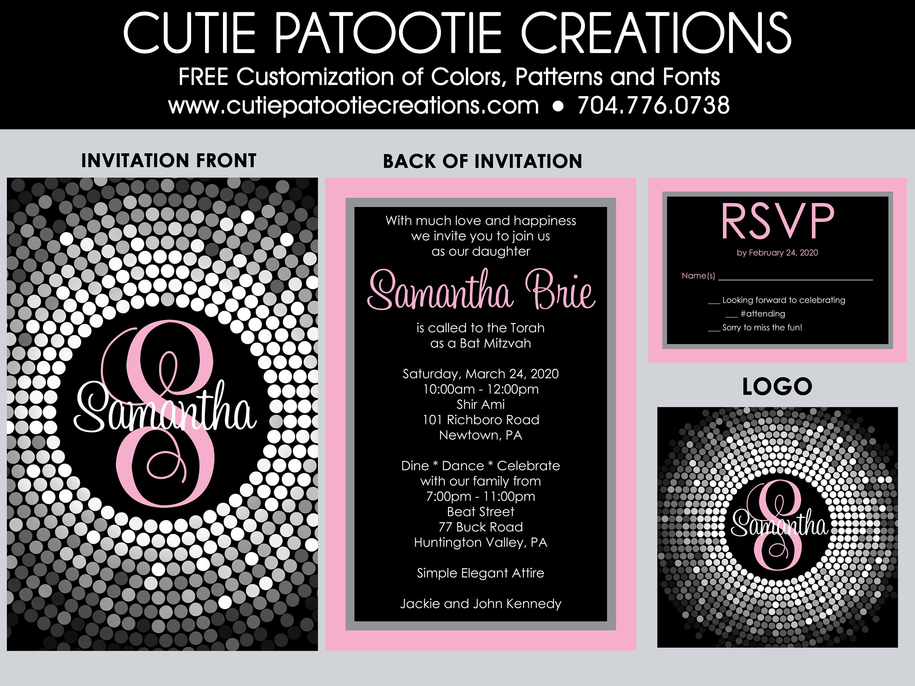 Bat Mitzvah Invitations - Silver Black & Pink Invitation Envelope Addressing Logo