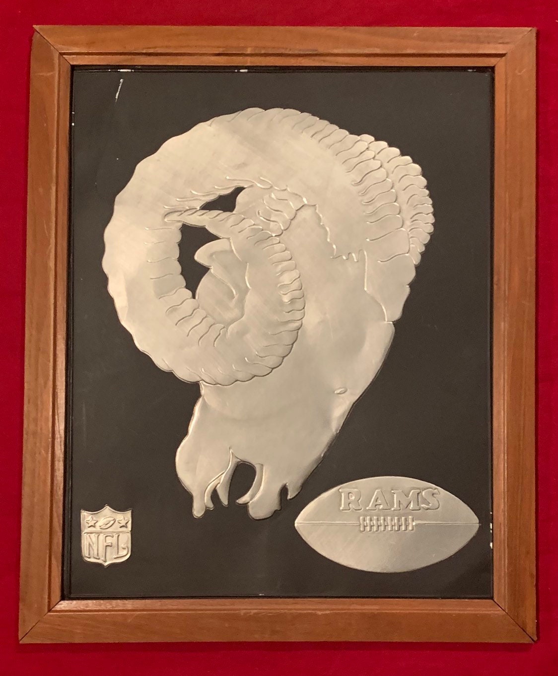Vintage Los Angeles Rams Nfl Football Team Mascot Aluminum Metal Wall Plaque in Original Frame By Acrometal - Old Memorabilia
