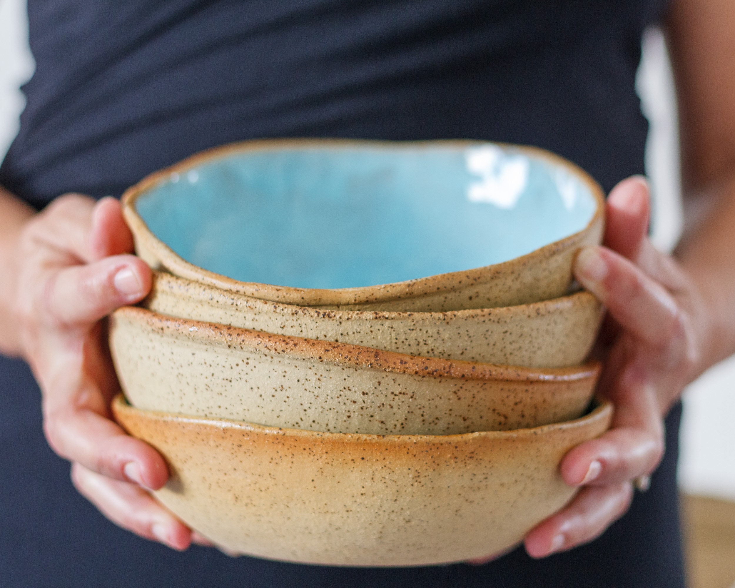 Modern Ceramic Bowl, Blue Handmade Pottery Large Turquoise Pasta Dinnerware Ramen Tableware Soup Bowl