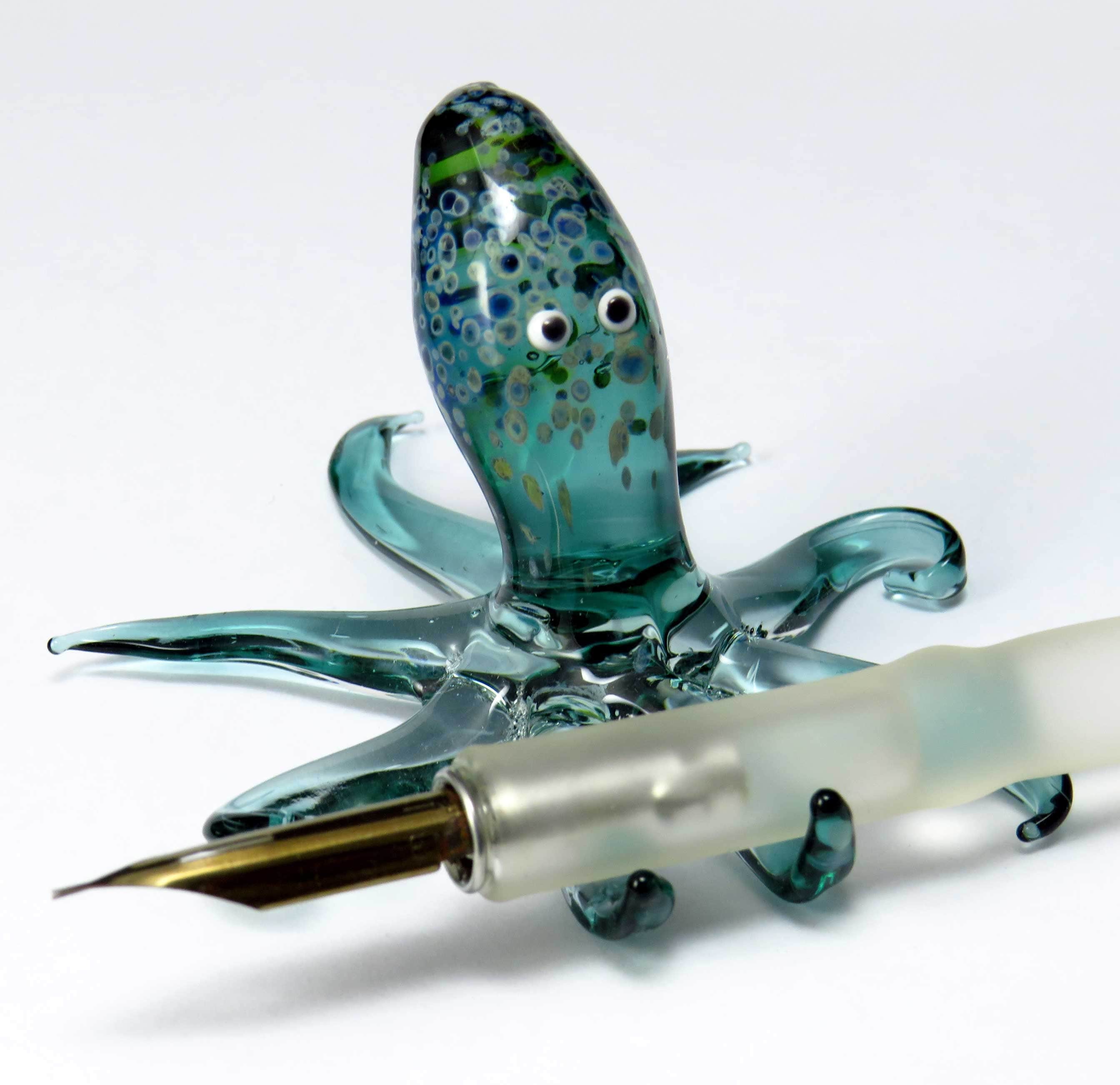 Glass Octopus Dip Pen Holder in Light Teal Green With Silver Luster - Brush Or Calligraphy Rest Chopstick