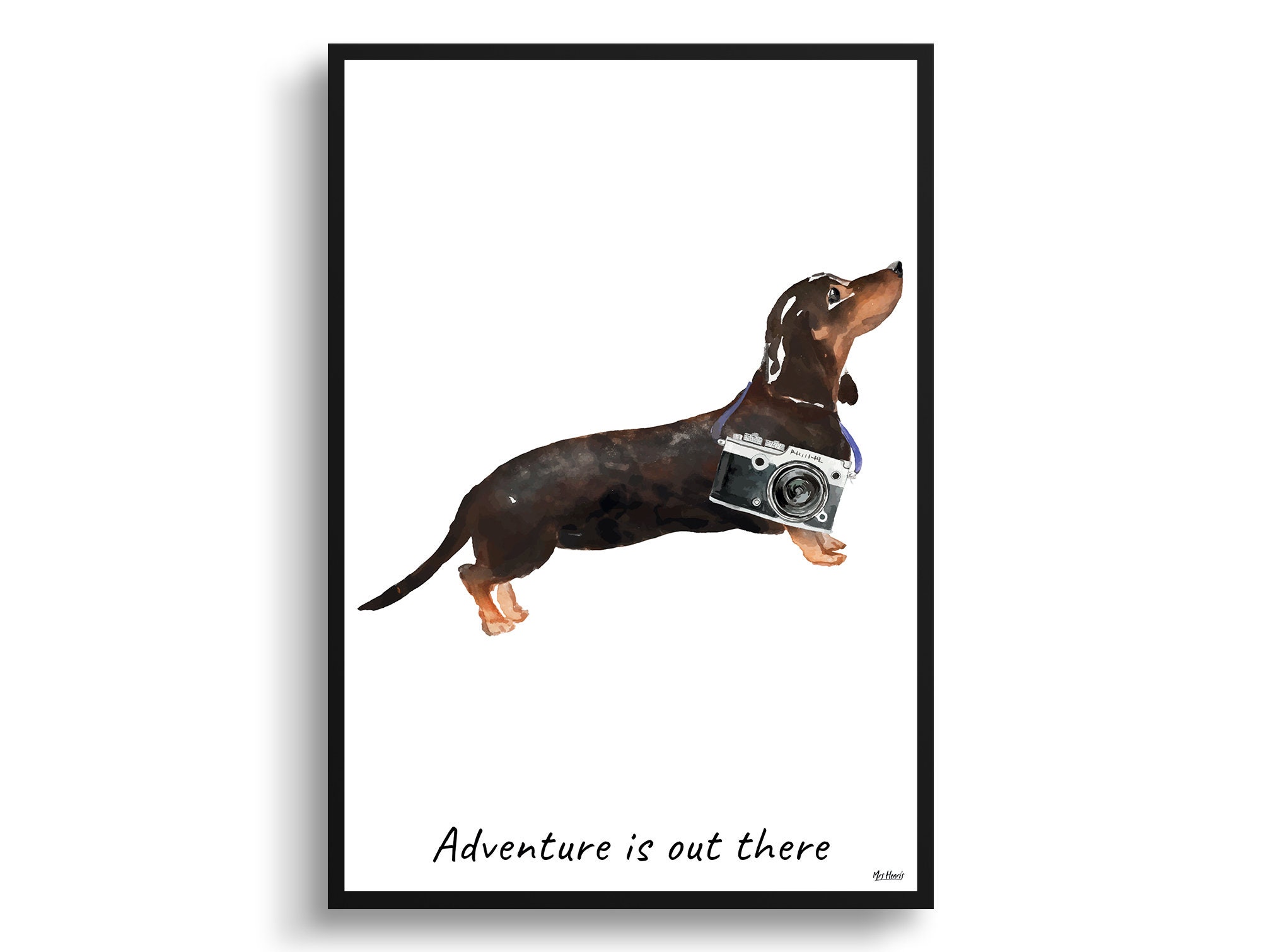 Adventure Is Out There Black Tan-Dachshund Dog Print Illustration. Framed & Un-Framed Wall Art Options. Personalised Name