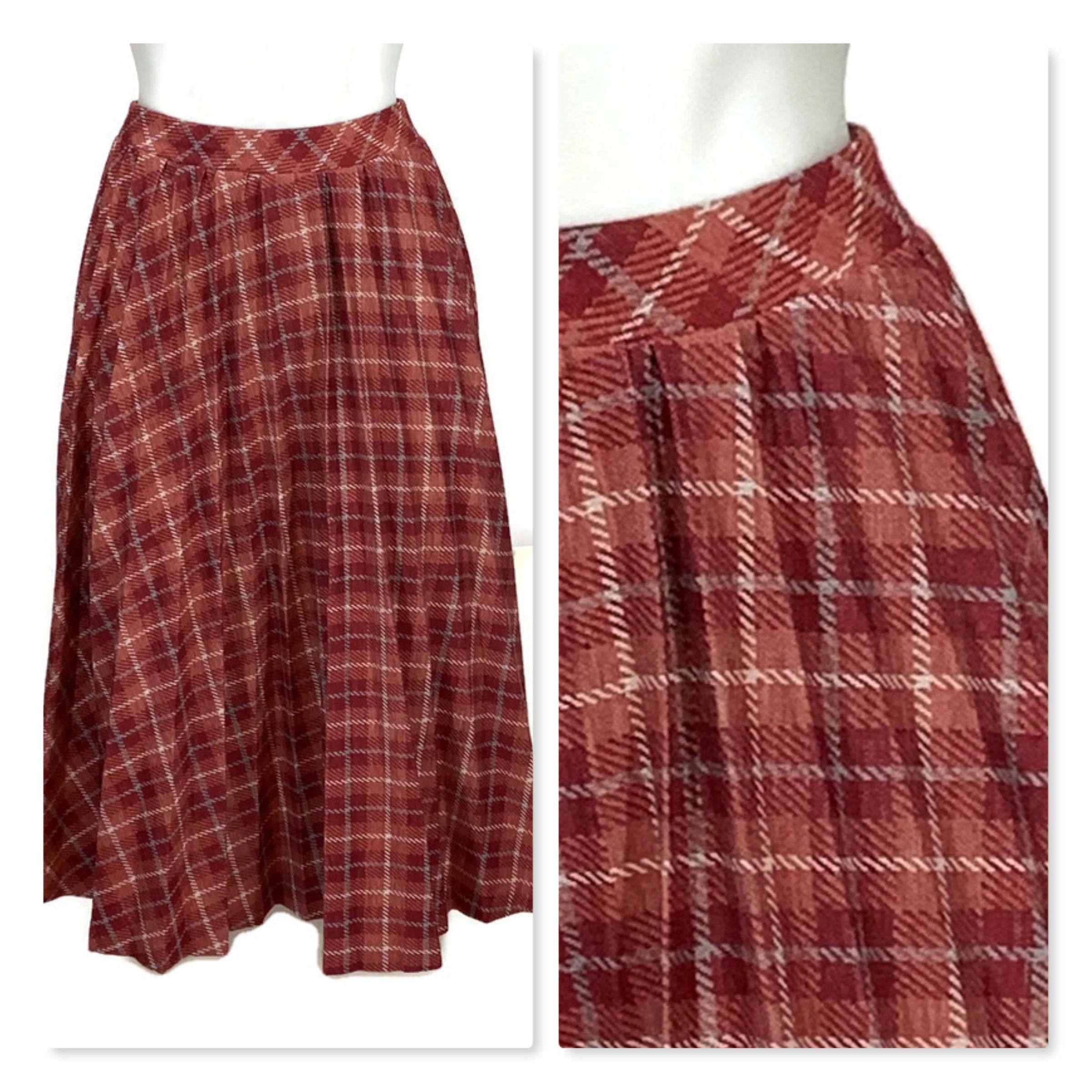 Vintage 70S Wool Blend Knit Pleated Skirt, 1970S Glenayr Kitten Pink Plaid Skirt