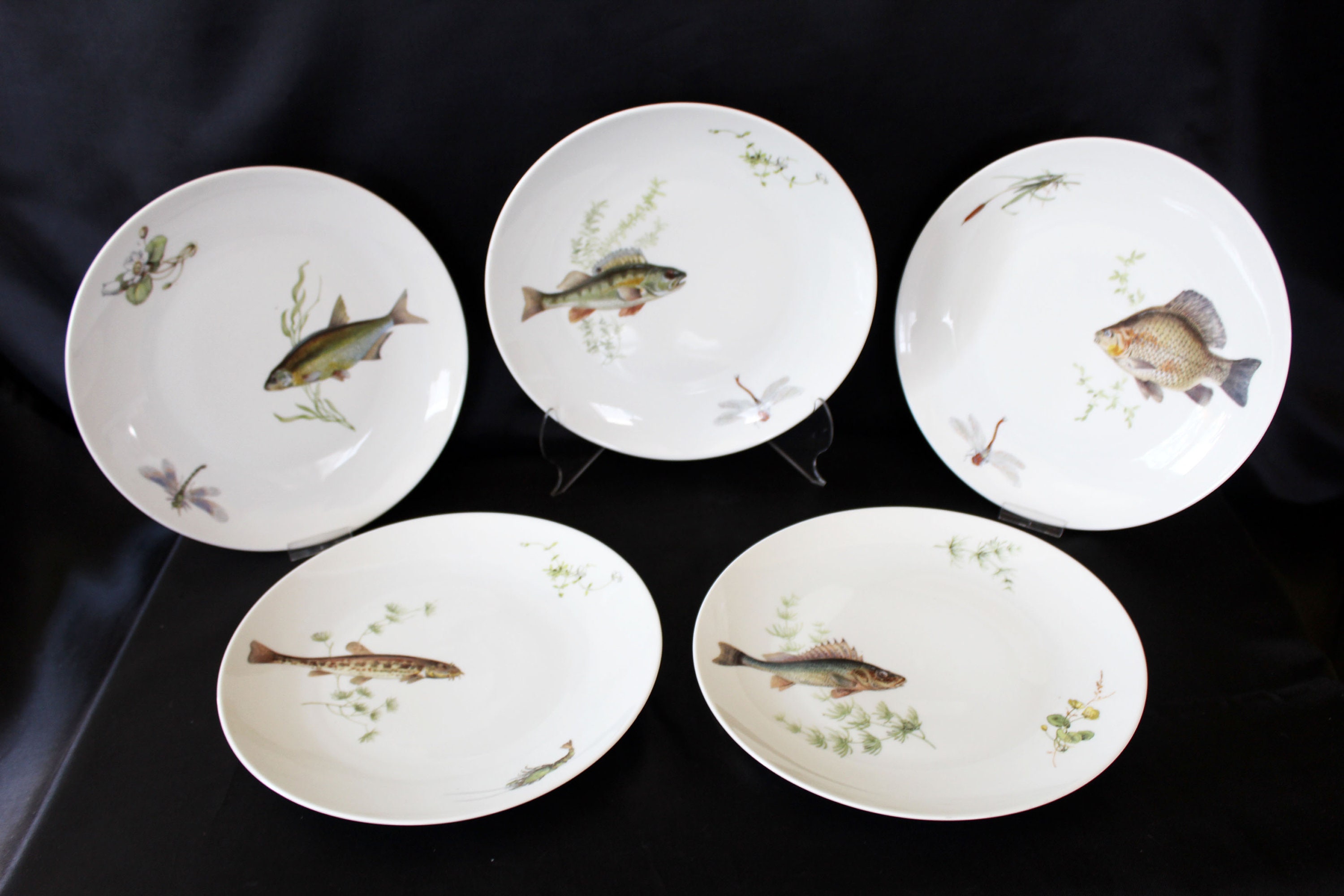 5 Vintage Porcelain German Bareuther Bavaria Ambleve Serving Plates, Seafood Plate, Fish Scenic Water Views, Dinner Dragonfly