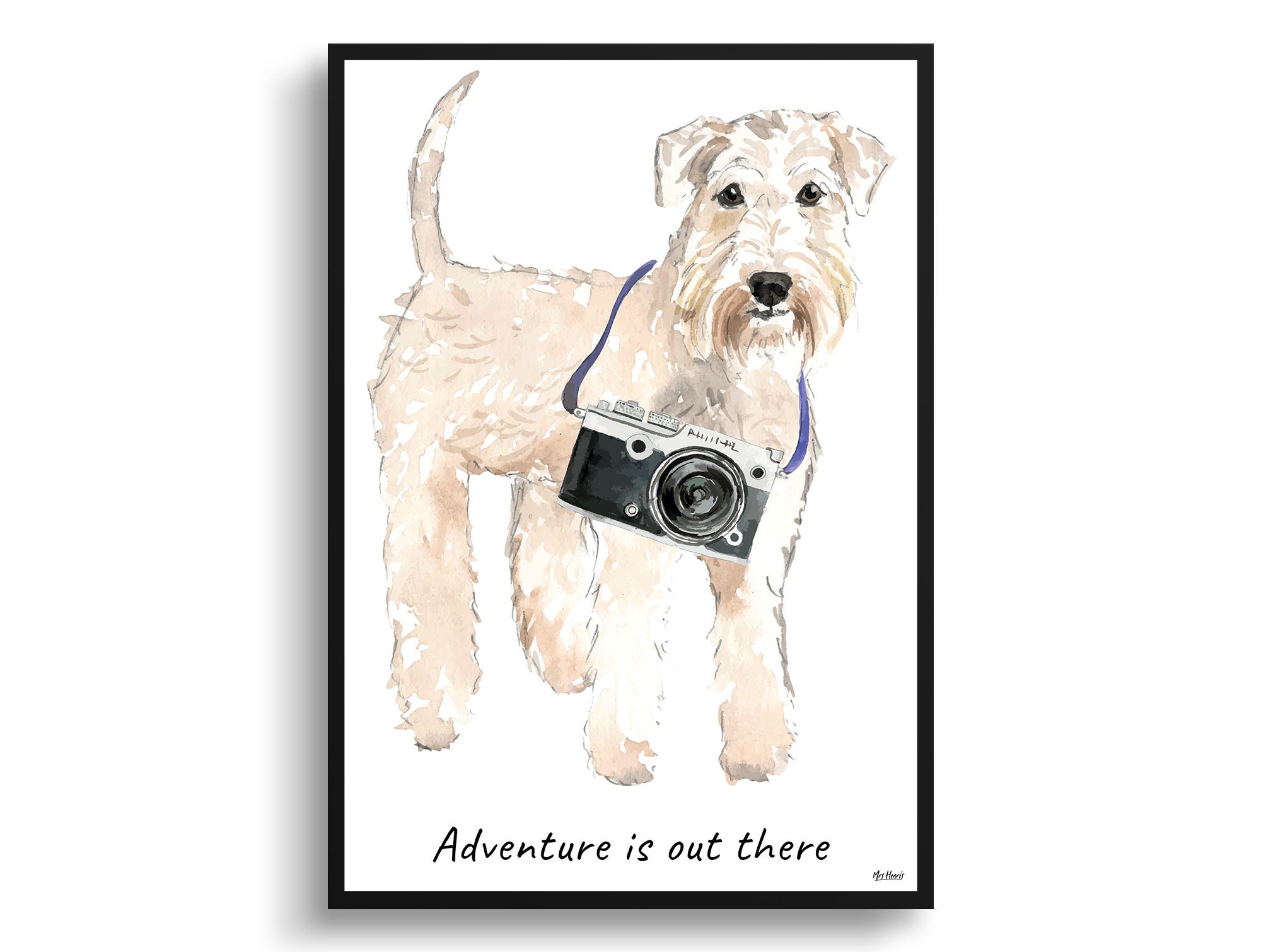 Adventure Is Out There Wheaten Terrier Dog Print Illustration. Framed & Un-Framed Wall Art Options. Personalised Name