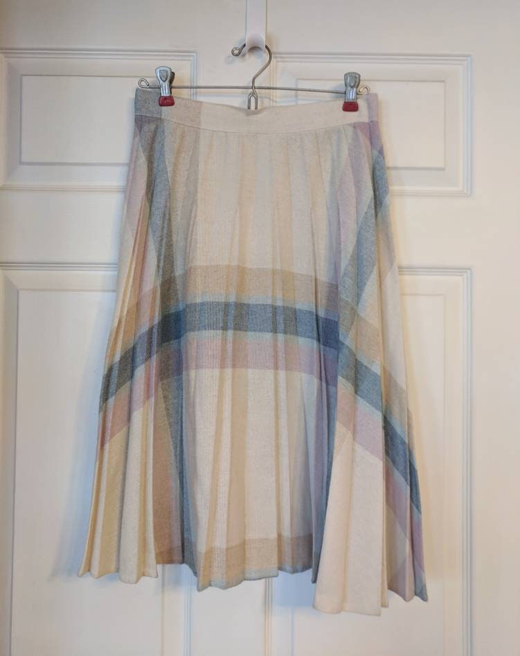 Pleated Plaid Skirt Wool Blend Midi Vintage 70S 27 Waist