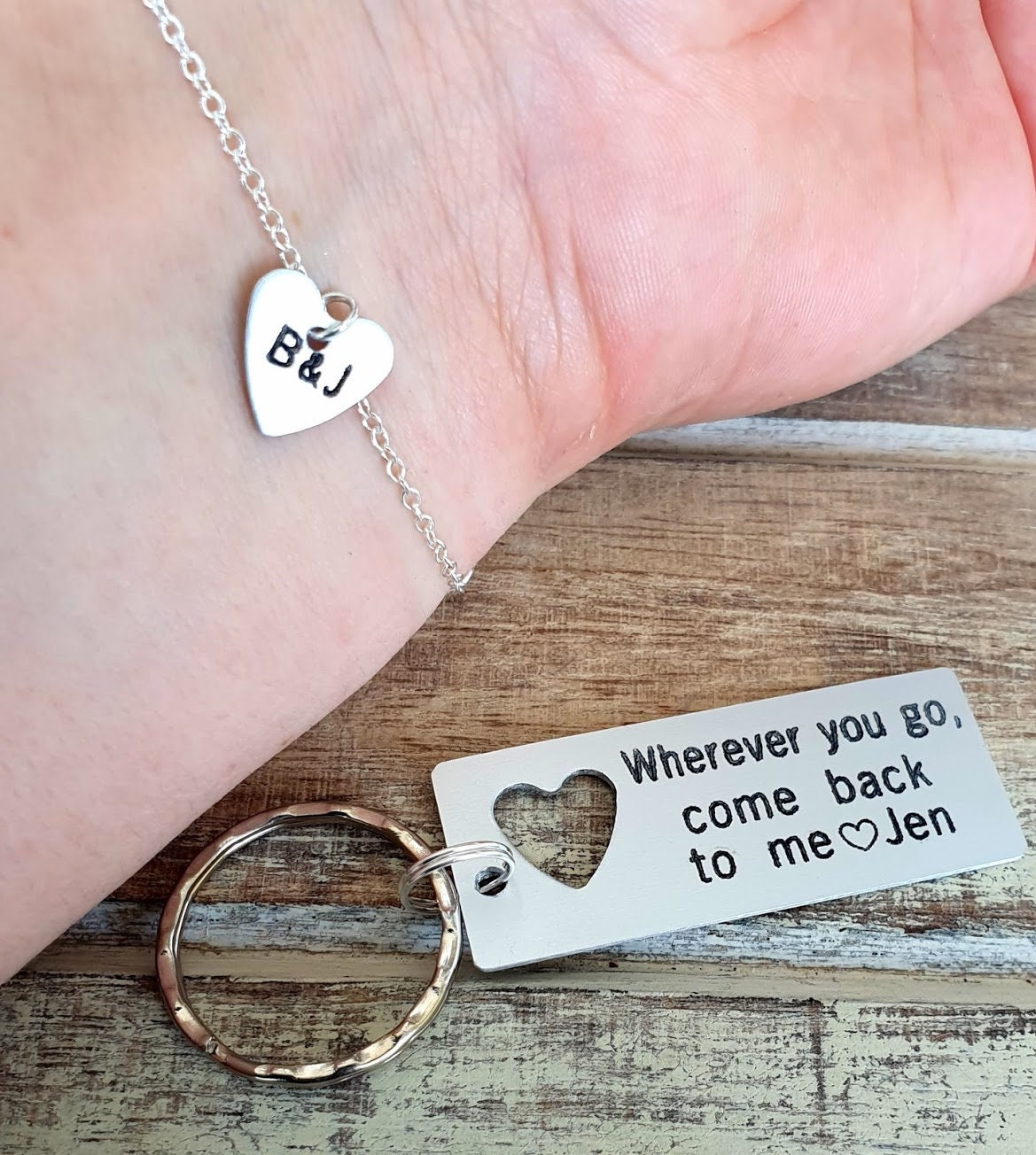 Personalized Keychain, Bracelet & Keychain Set, Wherever You Go, Heart Cutout, Couples Engraved, Husband, Boyfriend Lovers Gift