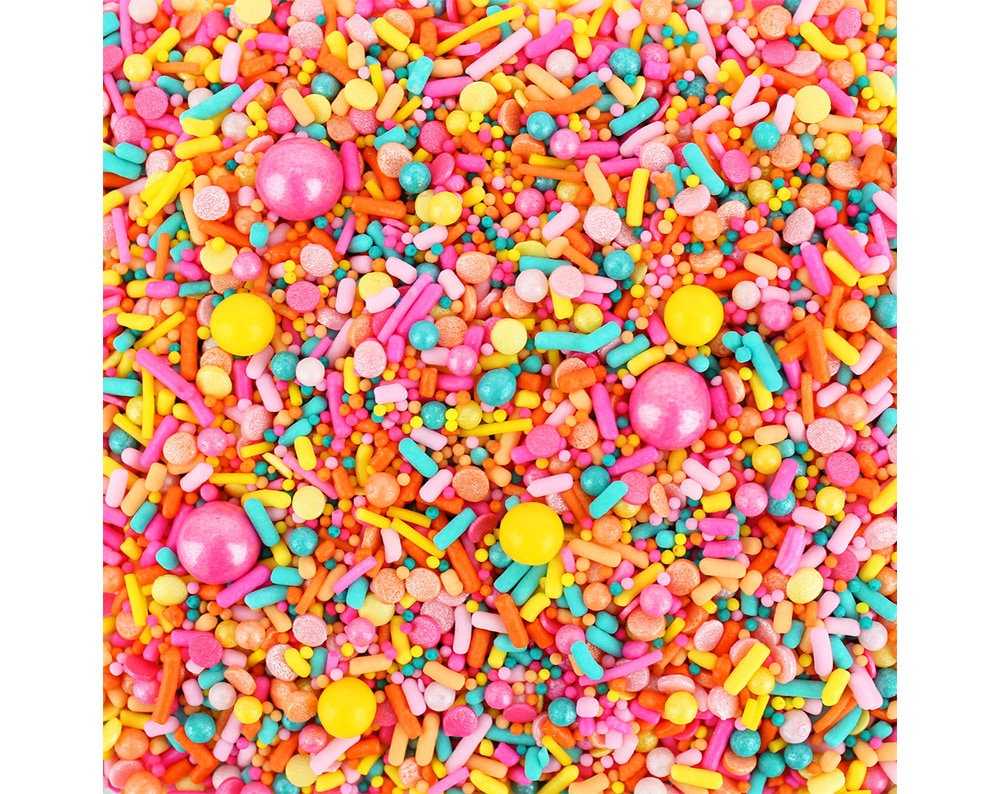 Pool Party Sprinkle Blend - Vibrant Blend Of Pinks, Turquoise, Orange, Yellow & Peach Jimmies, Non-Pareils, Dots, Sugar Pearls, Candy Beads