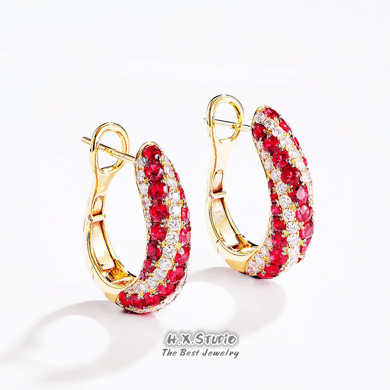 Diamond & Ruby Hoop Earrings, Solid 18K Gold, Genuine Diamond, Jewelry, Red Gemstone, Gift For Her, Customization Jewelry