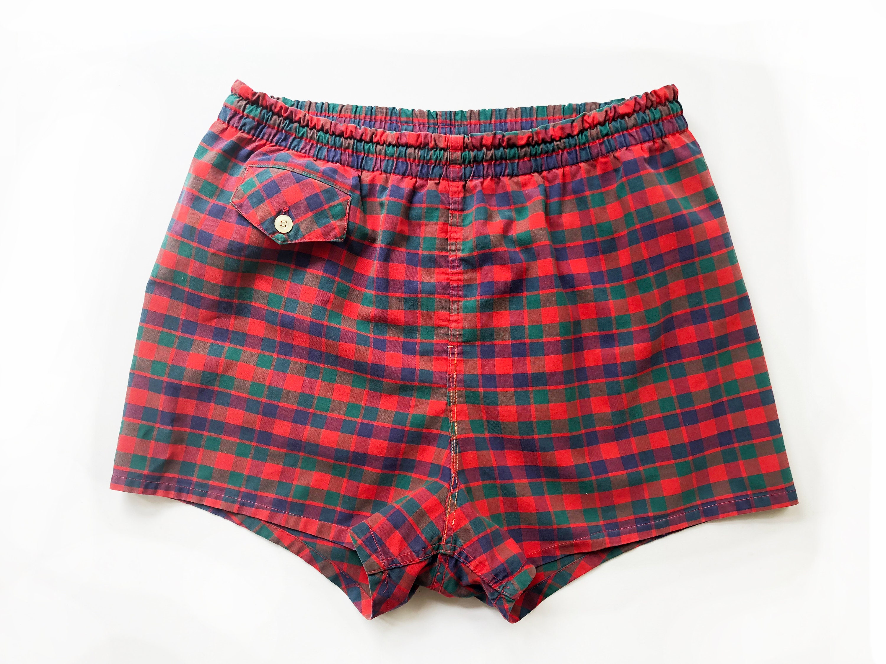 Red Blue Green Checky-Plaid Cotton Blend - Vintage Swim Short Shorts 31 Waist