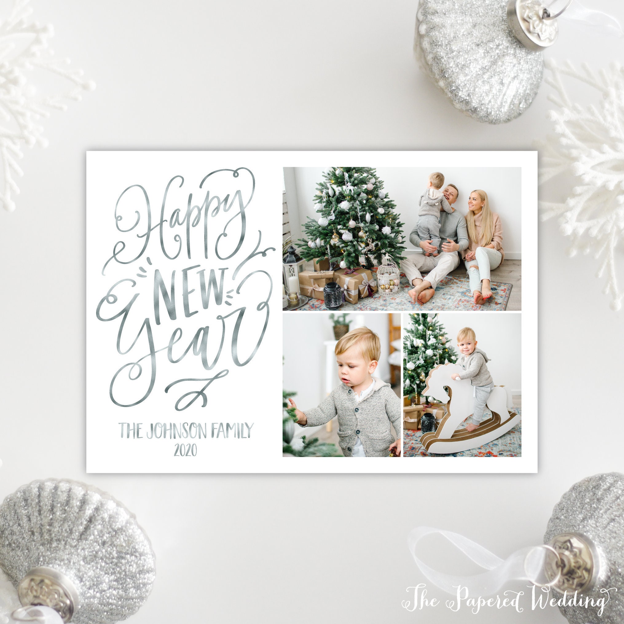 Printable Or Printed Happy New Year Cards With Three Pictures - Hand-Lettered Years in Faux Silver Foil, Photos 082 P3