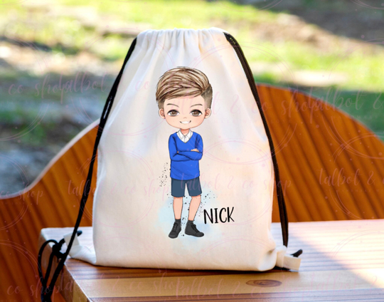 Buy Personalised Blue School Boy Drawstring Bag P.e Kit Back To Nursery Kids Swim Gym Dance online