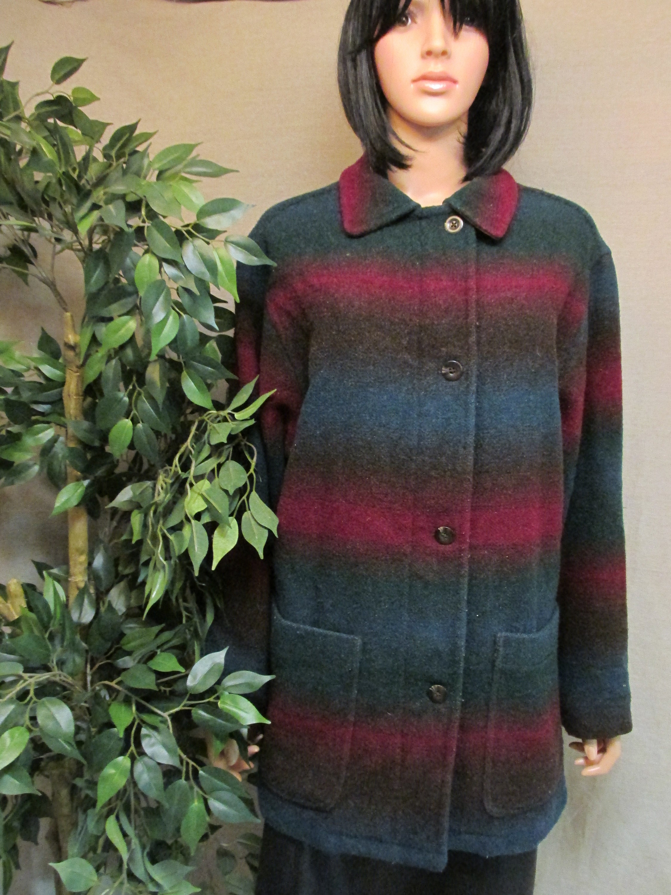 Vintage 1980's Land's End Wool Blend Striped Blanket Coat Jacket Women's M