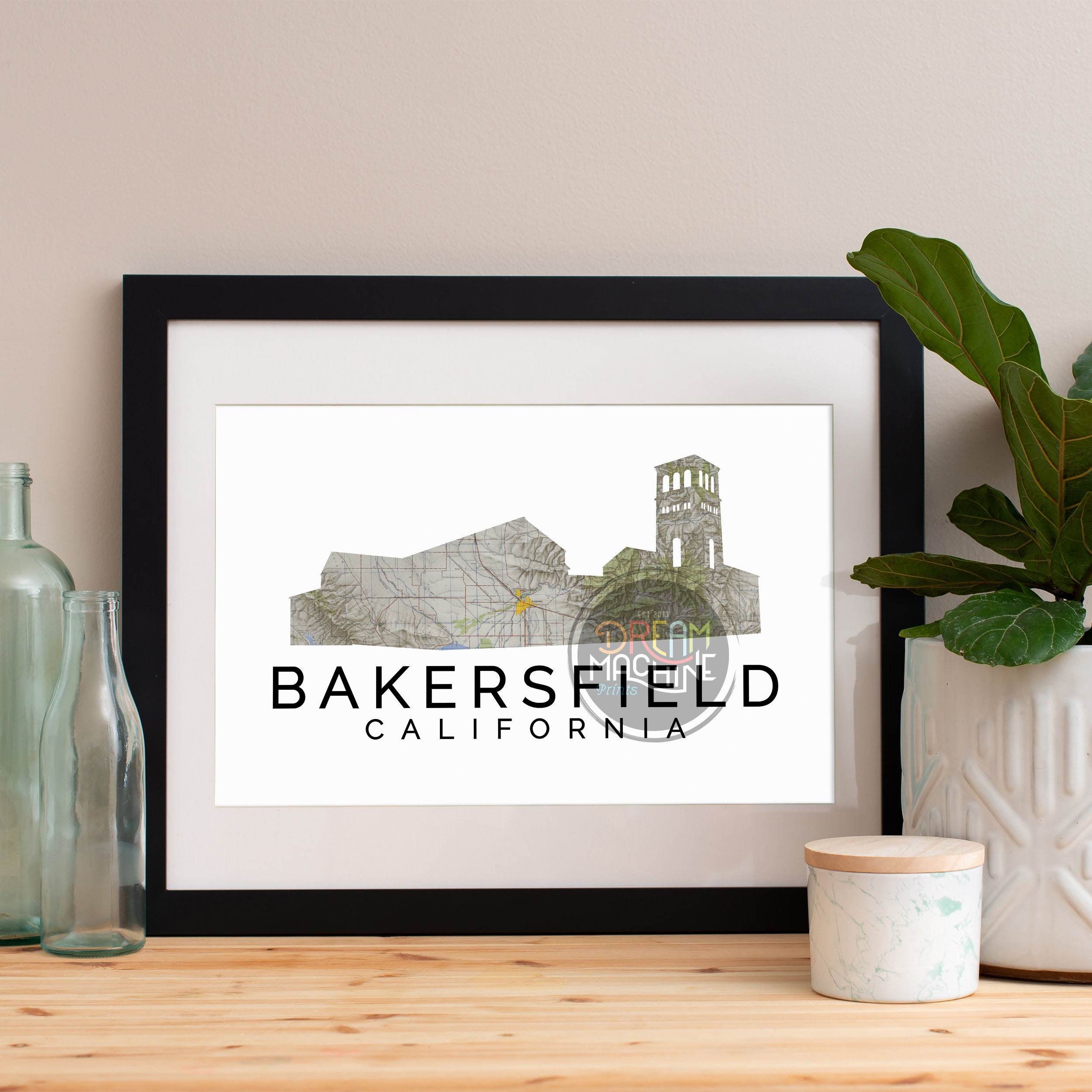 Bakersfield Print, Skyline, Art, Poster, Watercolor, Art Map