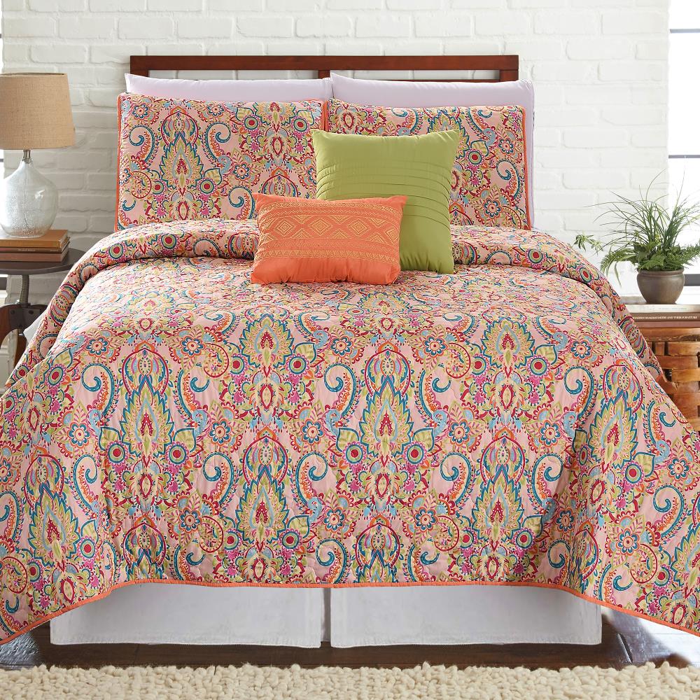 Amrapur Overseas Printed reversible quilt set Multi Multi Reversible Queen Quilt (Blend with Polyester Fill) | 3QLT5STG-CNV-QN