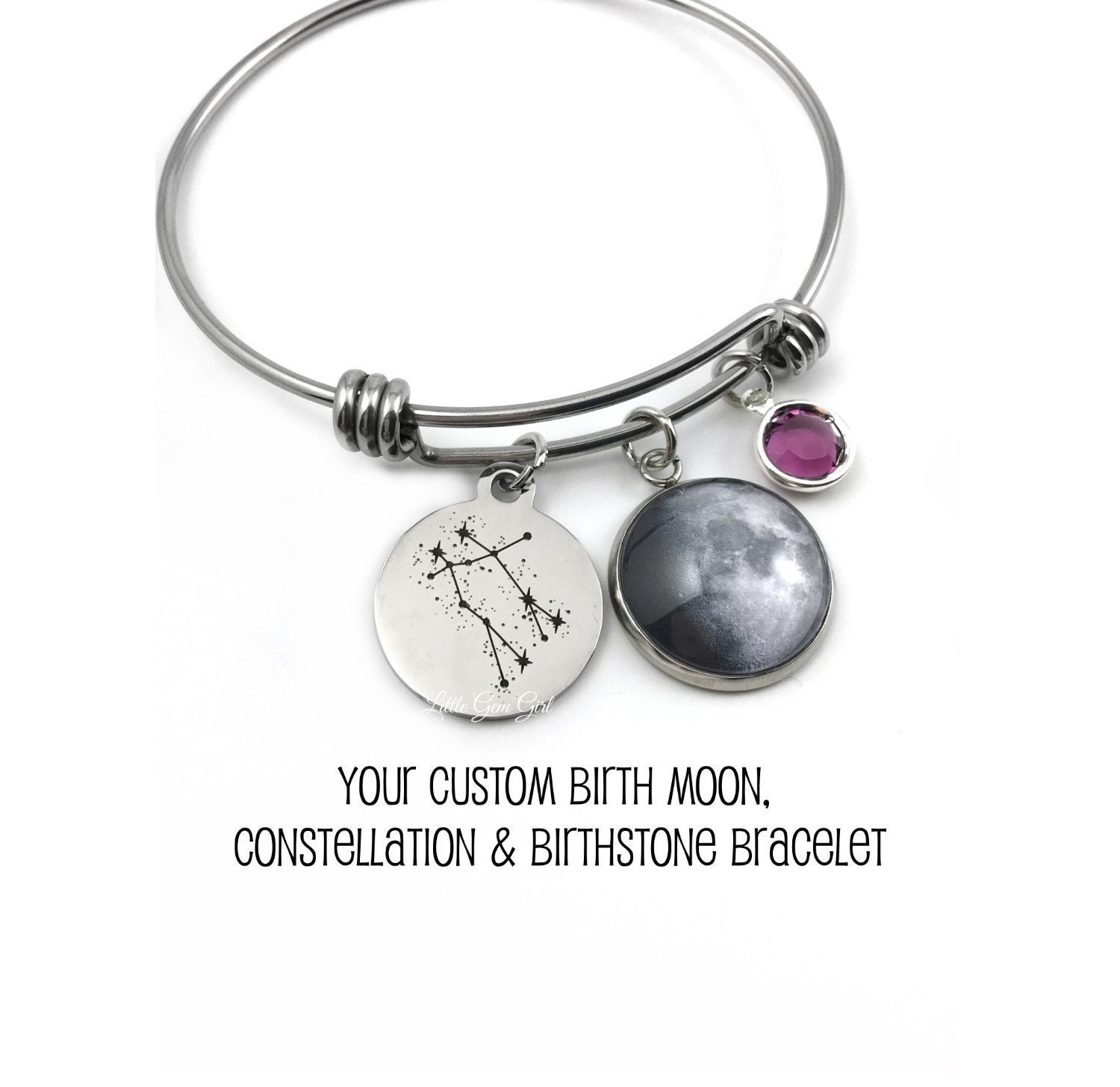 Stainless Steel Custom Birth Moon, Birthstone & Zodiac Sign Bangle Bracelet - Personalized Moon Phase Jewelry