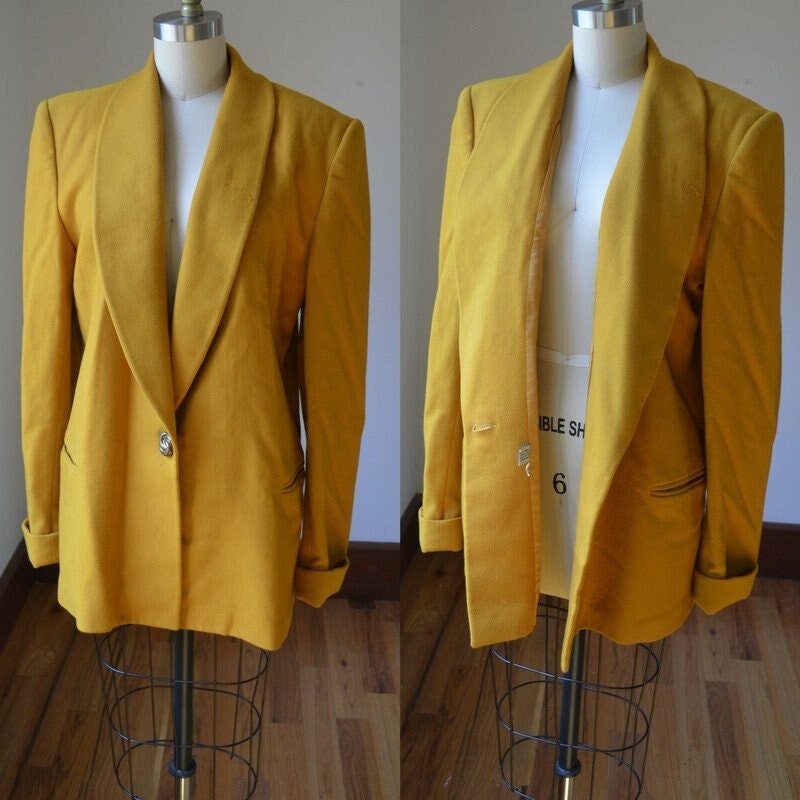 Vintage Mustard Yellow Wool Blend Blazer Women's Size Medium Tall, 1990's Oversized Slouchy By Allison Gail Med Tall