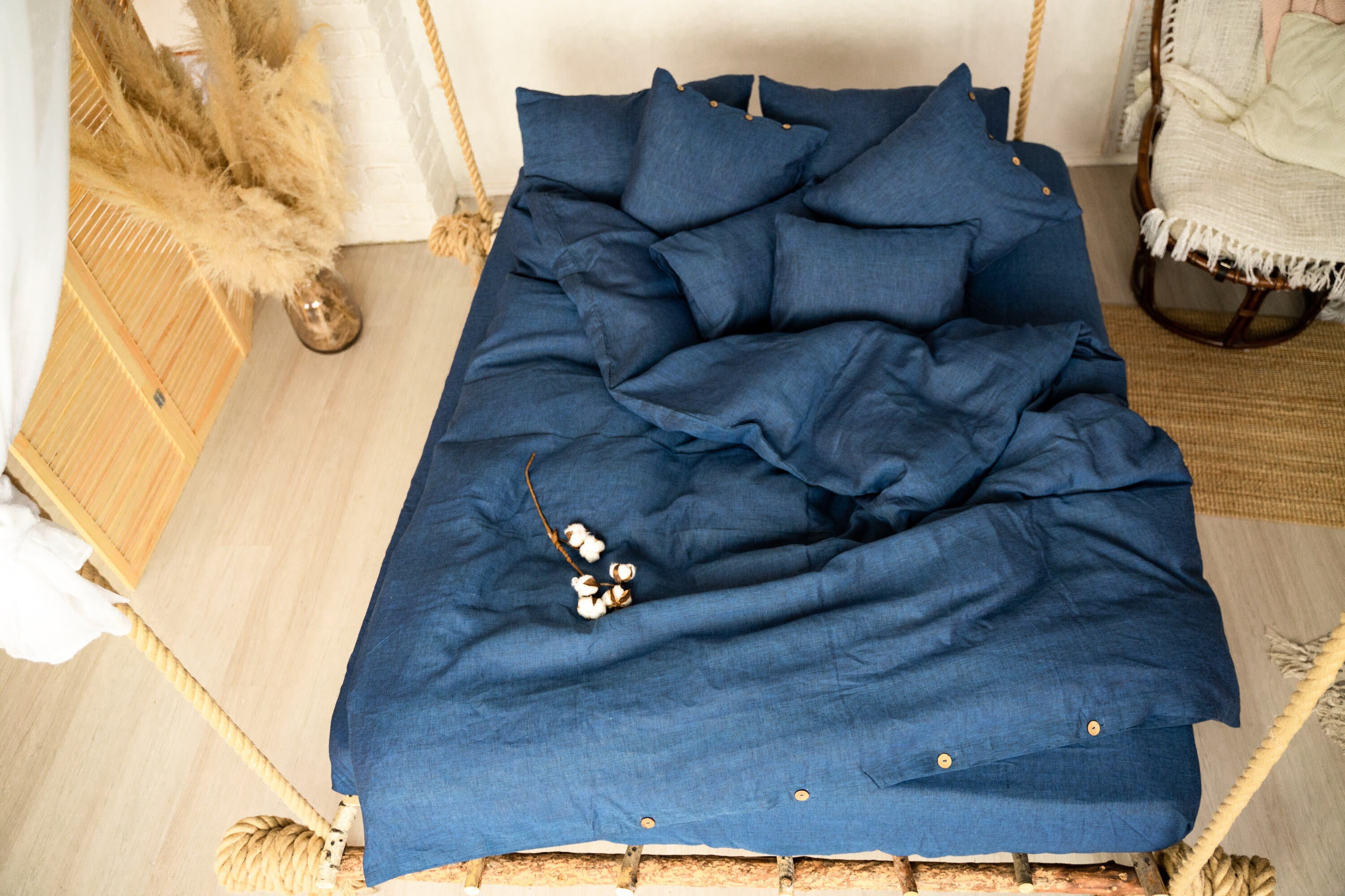 Linen Bedding Set, Comforter Cover & 2 Pillowcases, Flax Indigo Blue Full