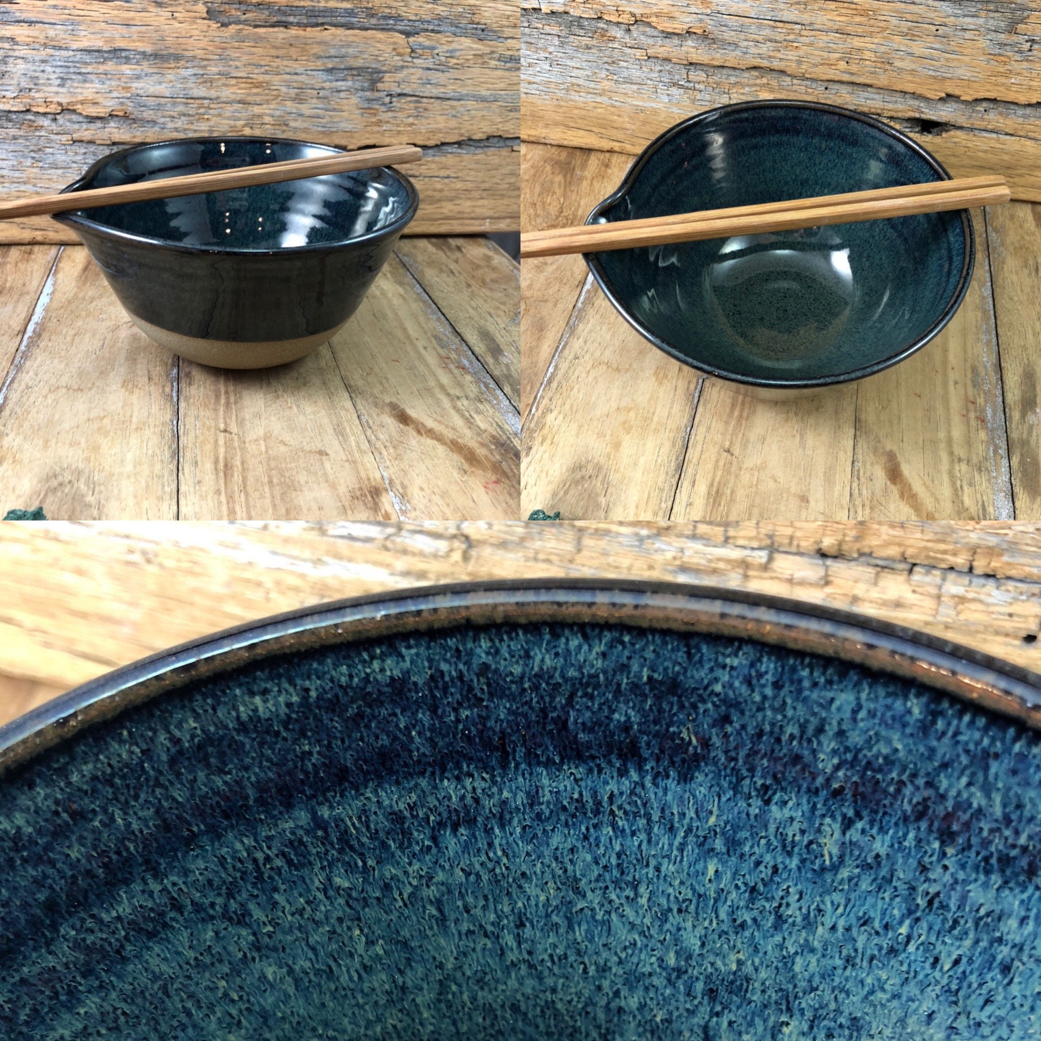 Ceramic Rice Chopsick Bowl/Handmade Pottery Pho Bowl Noodle Ramen Kitchen Blue Brown