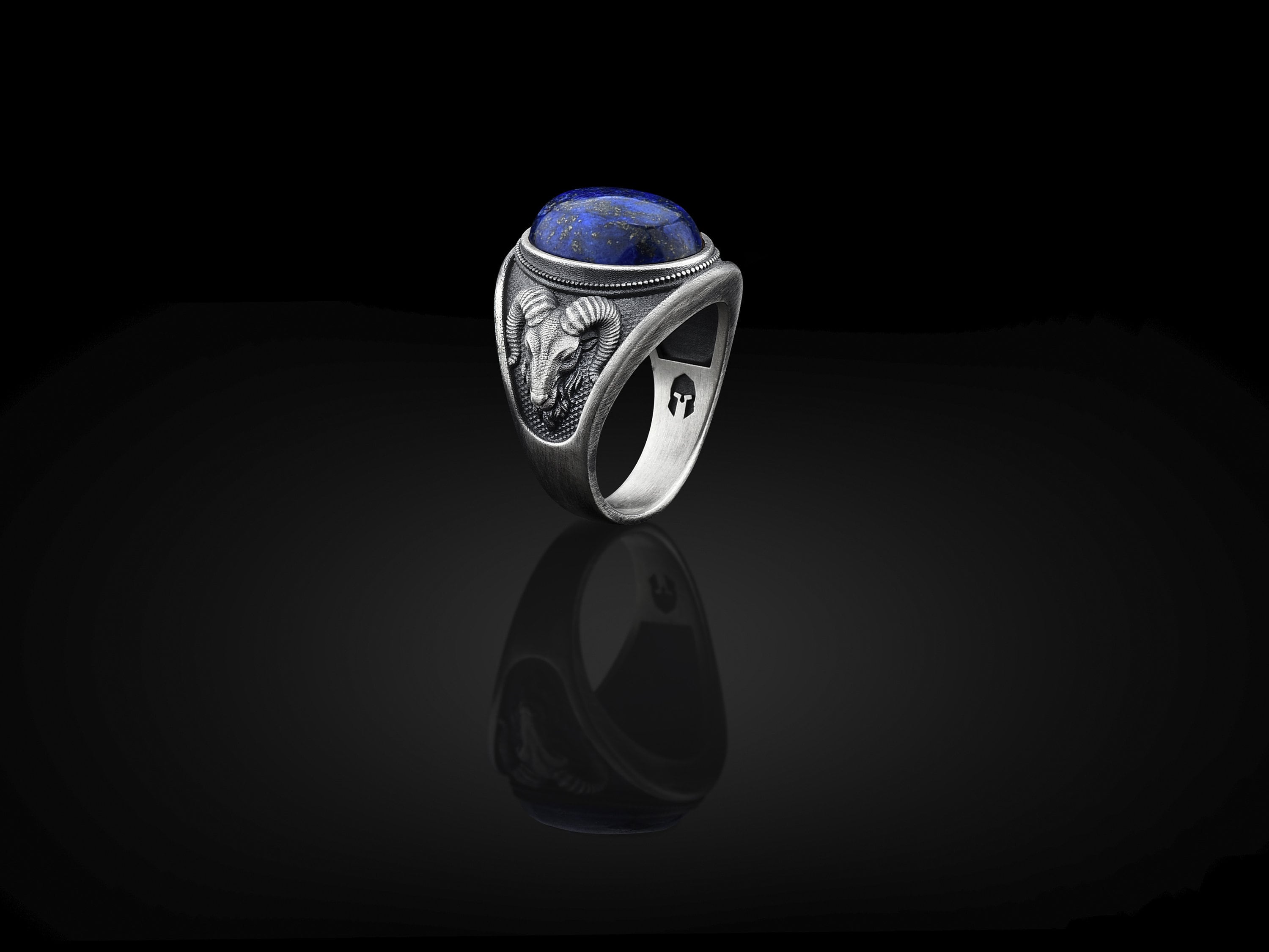 Ram Head Signet Silver Men's Ring, Blue Lapis Lazuli Man Aries Oxidized Men Jewelry, Husband Gift Ring
