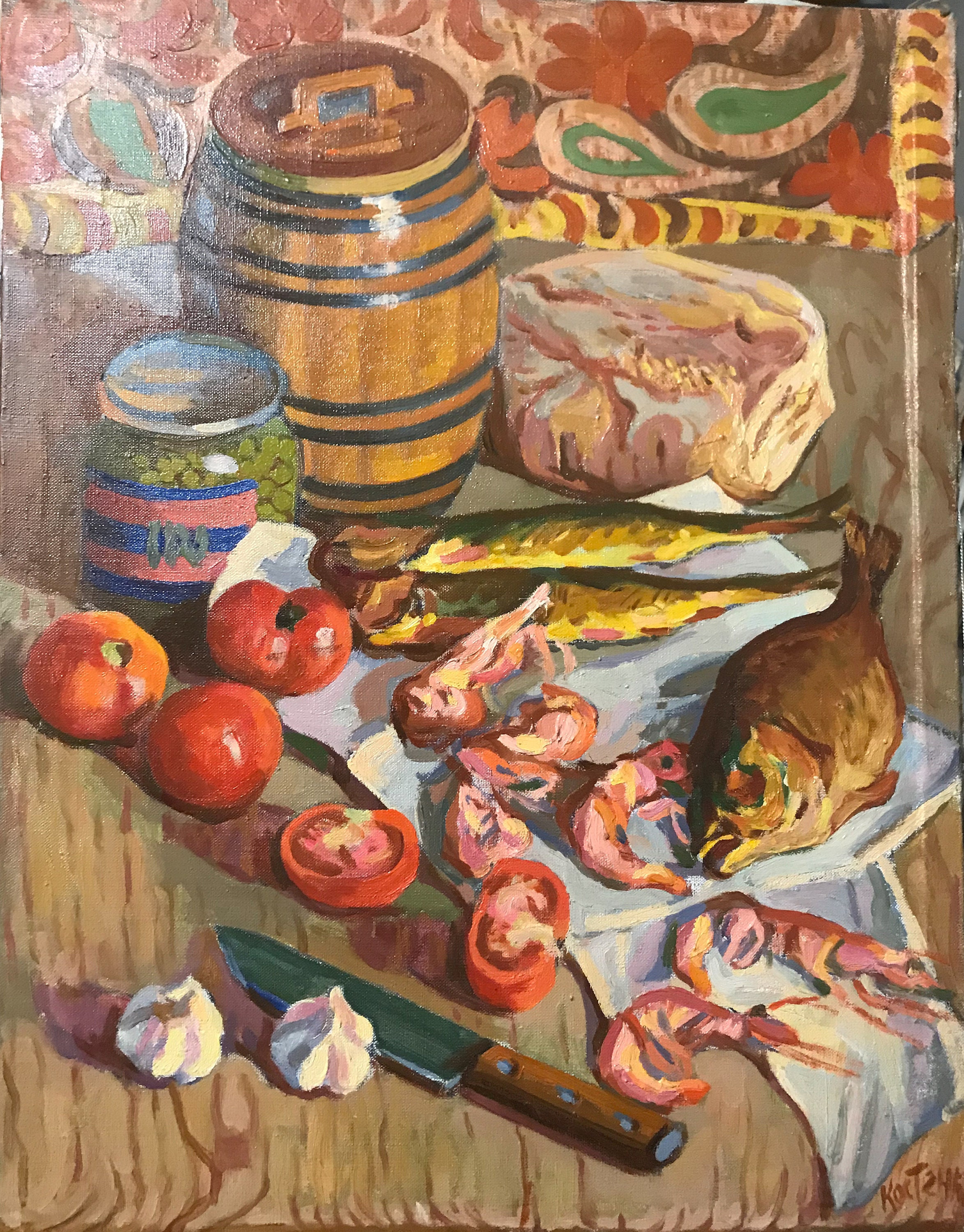 Vintage Still Life, Original Oil Painting On Canvas Signed By Soviet Artist V.kostenko, 1973, Still Life With Fish & Seafood.painting Ussr