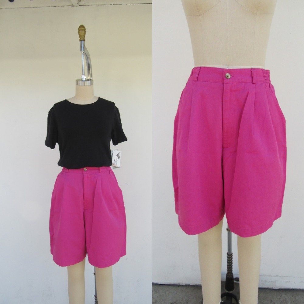 90S Pink Fuchsia Cotton Blend Pleated High Waist Mom Shorts | High Rise 1990S Long Line 25 To 28