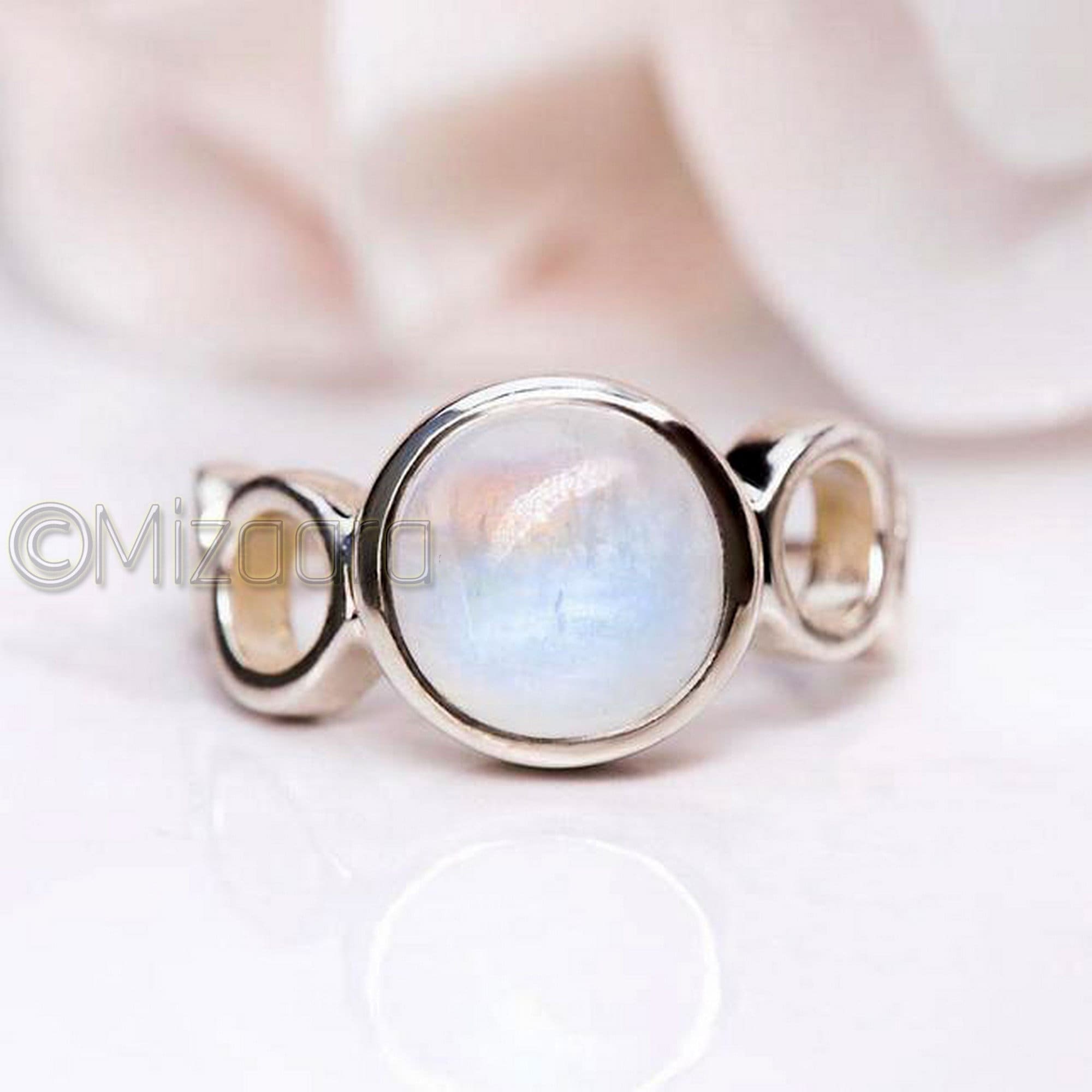 Solitaire Moonstone Ring Sterling Silver Rainbow June Birthstone Wedding Statement Jewelry
