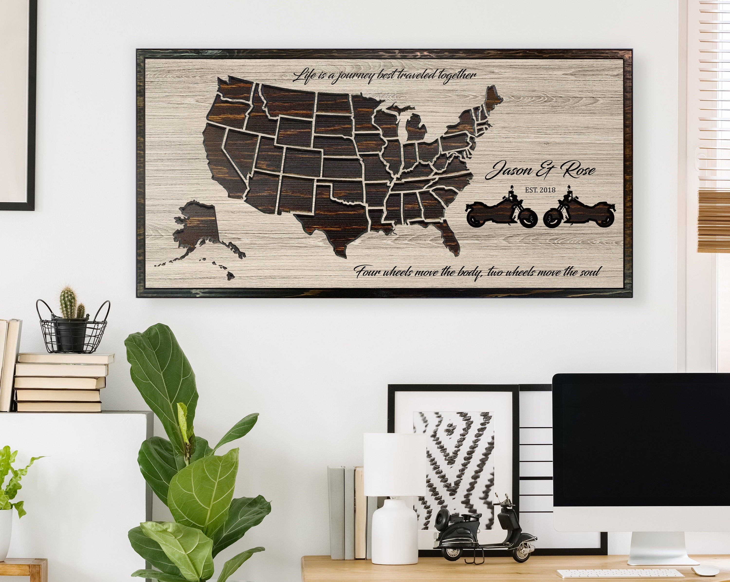 Travel Map For Motorcycle, Motorcycle Road Map, Personalized Name Sign, Anniversary Gift, Us United States, Gift Husband, Wife