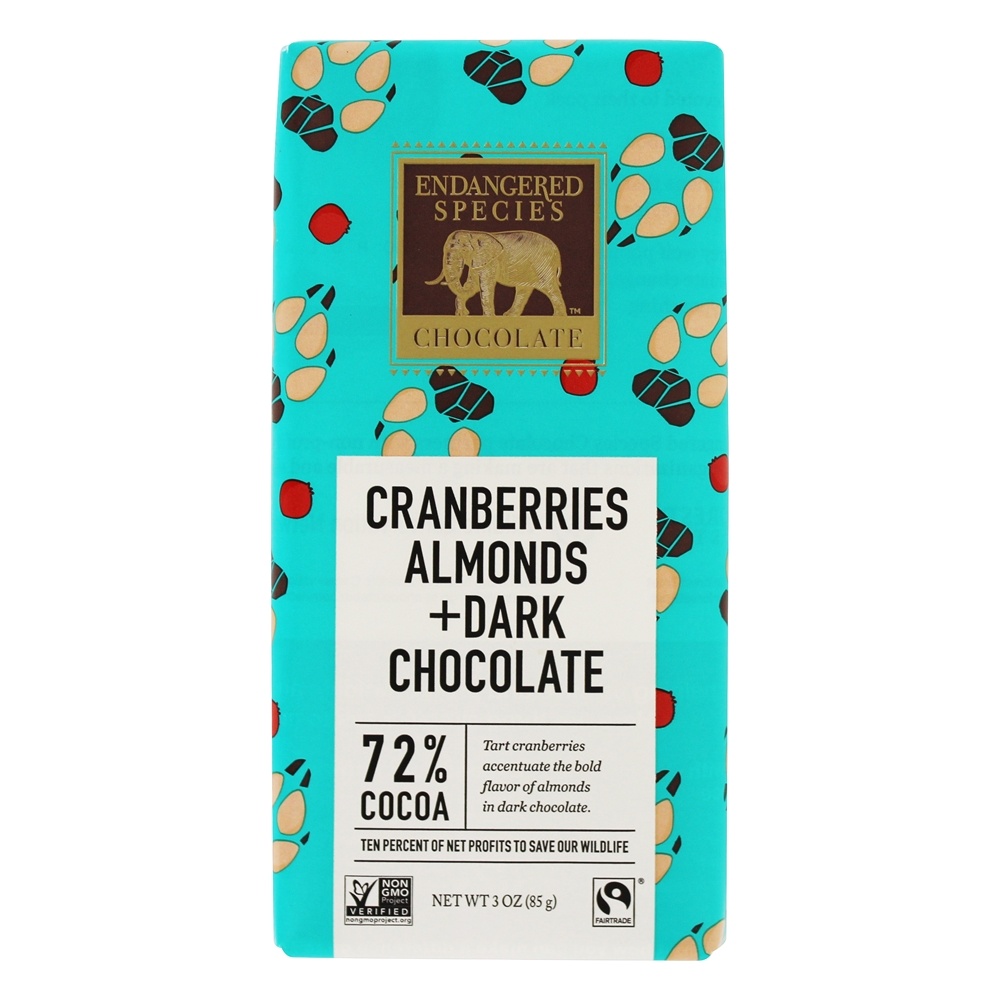 Endangered Species - Dark Chocolate Bar 72 Cocoa Cranberries & Almonds - 3 oz.