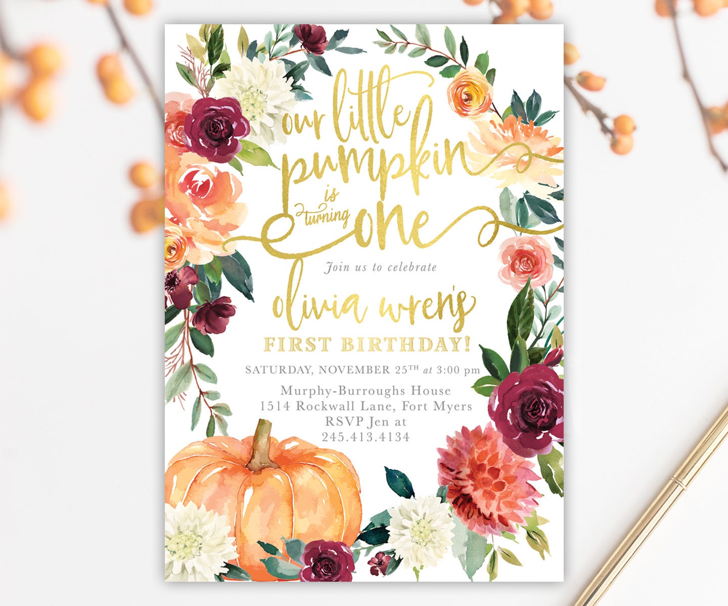Our Little Pumpkin Is One, Any Age Girl Or Boy Fall Birthday Invitation Autumn Florals - Invite Printed Printable, 7