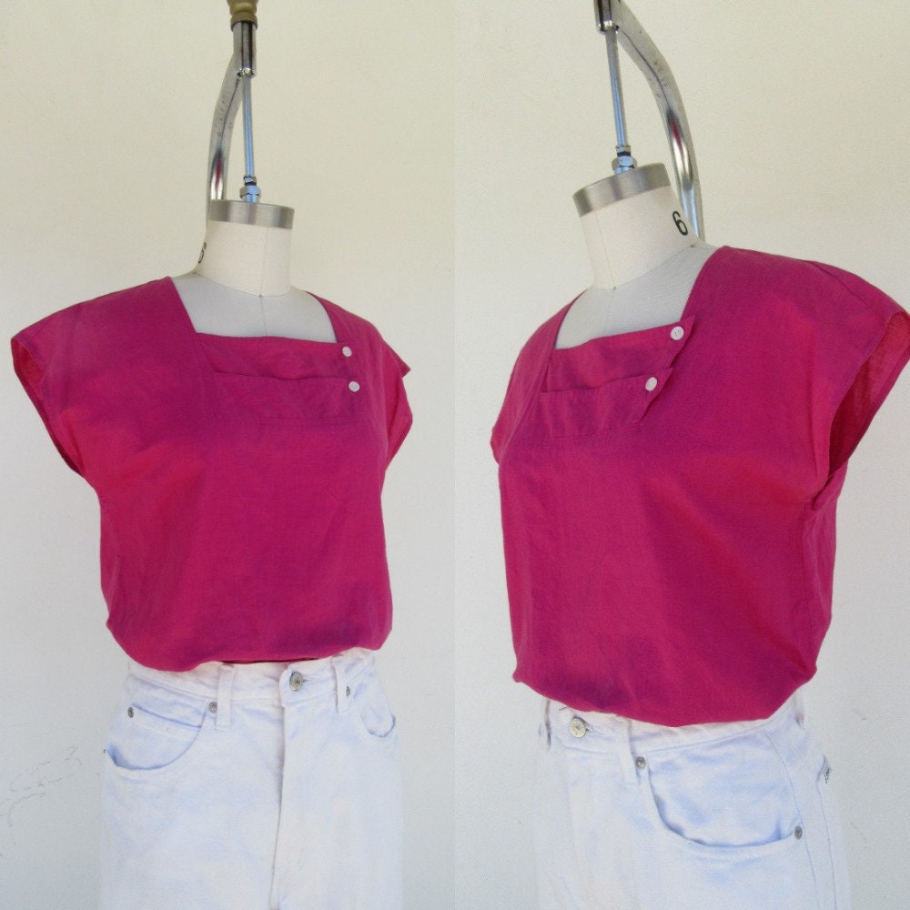 80S Boxy Fit Cotton Ramie Blend Hot Pink Fuchsia Square Neck Blouse Top Shirt | S