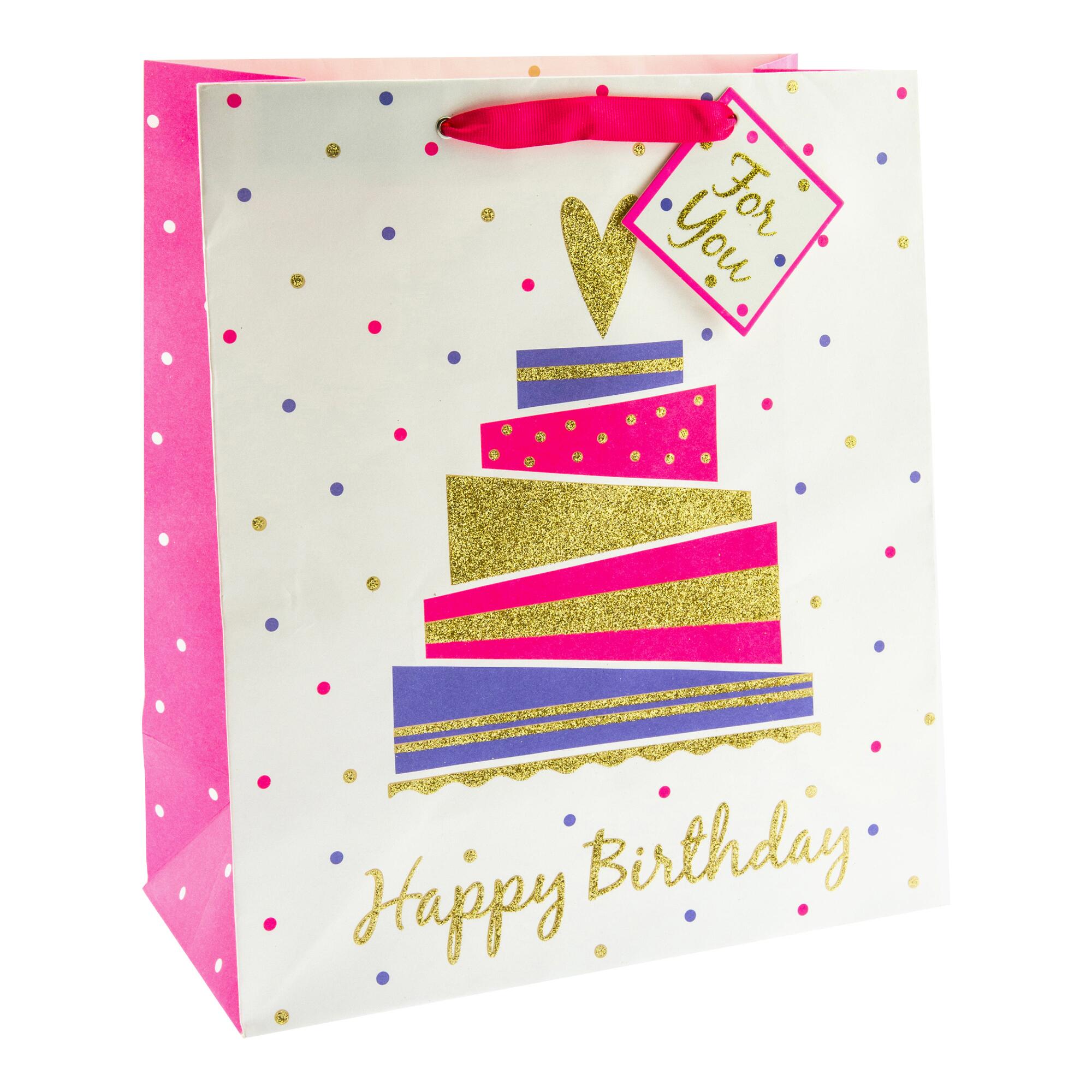 Large Neon Heart Birthday Cake Gift Bag: Metallic/Pink/White - Paper by World Market
