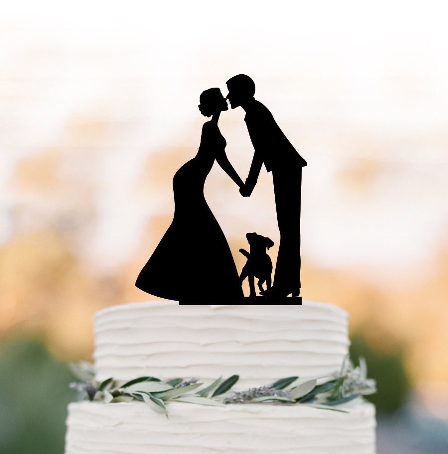 Wedding Cake Topper With Dog Bridal Shower Topper Couple Silhouette Cake Personalized Bride & Groom Custom