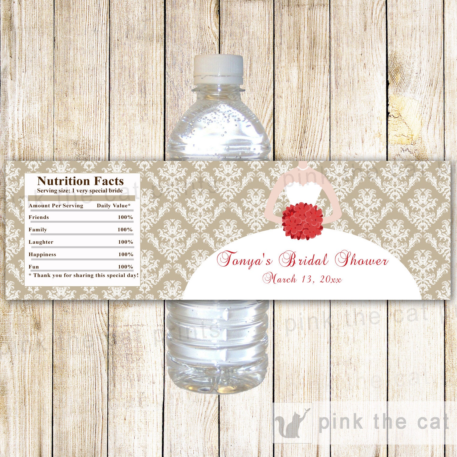 Gold Red Damask Bridal Shower Water Bottle Labels Wrappers - Vintage Bouquet Bride Quinceanera Sweet 16 Printable Personalized Party Items