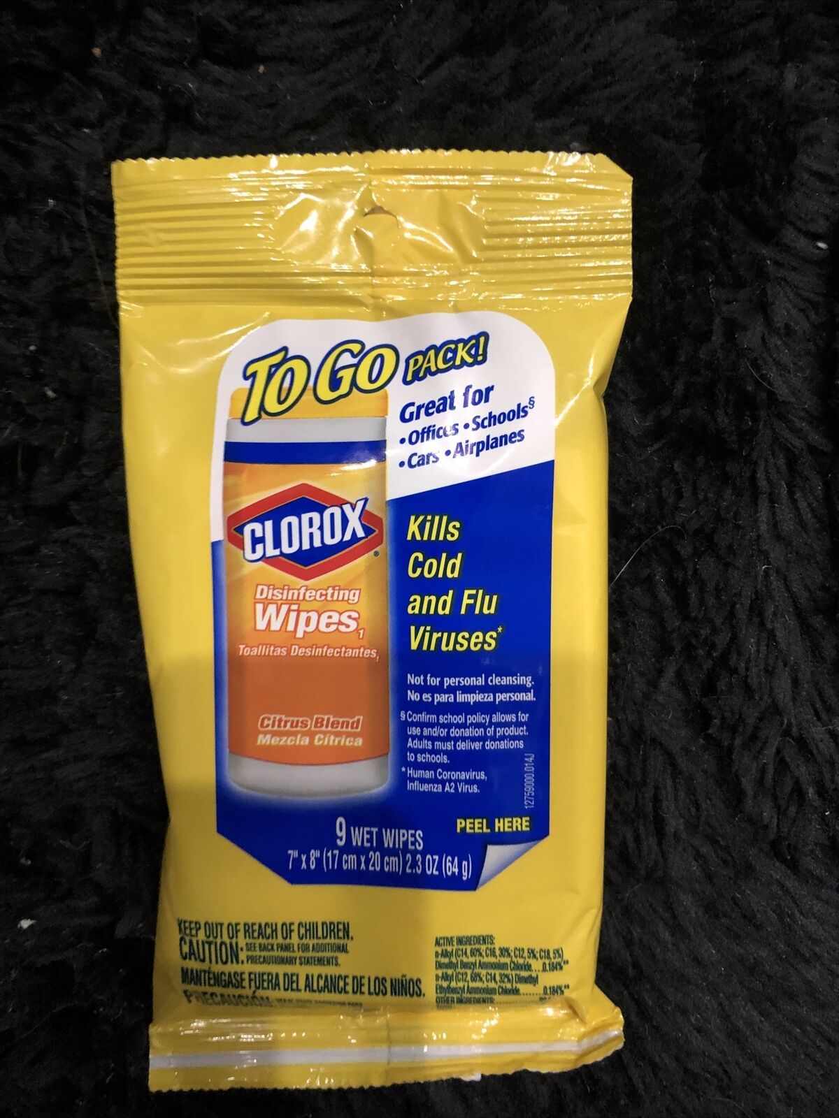 One 9ct Clorox To Go Pack Of Wipes Citrus Blend Scent 7x8 Kills 99.9% Germs