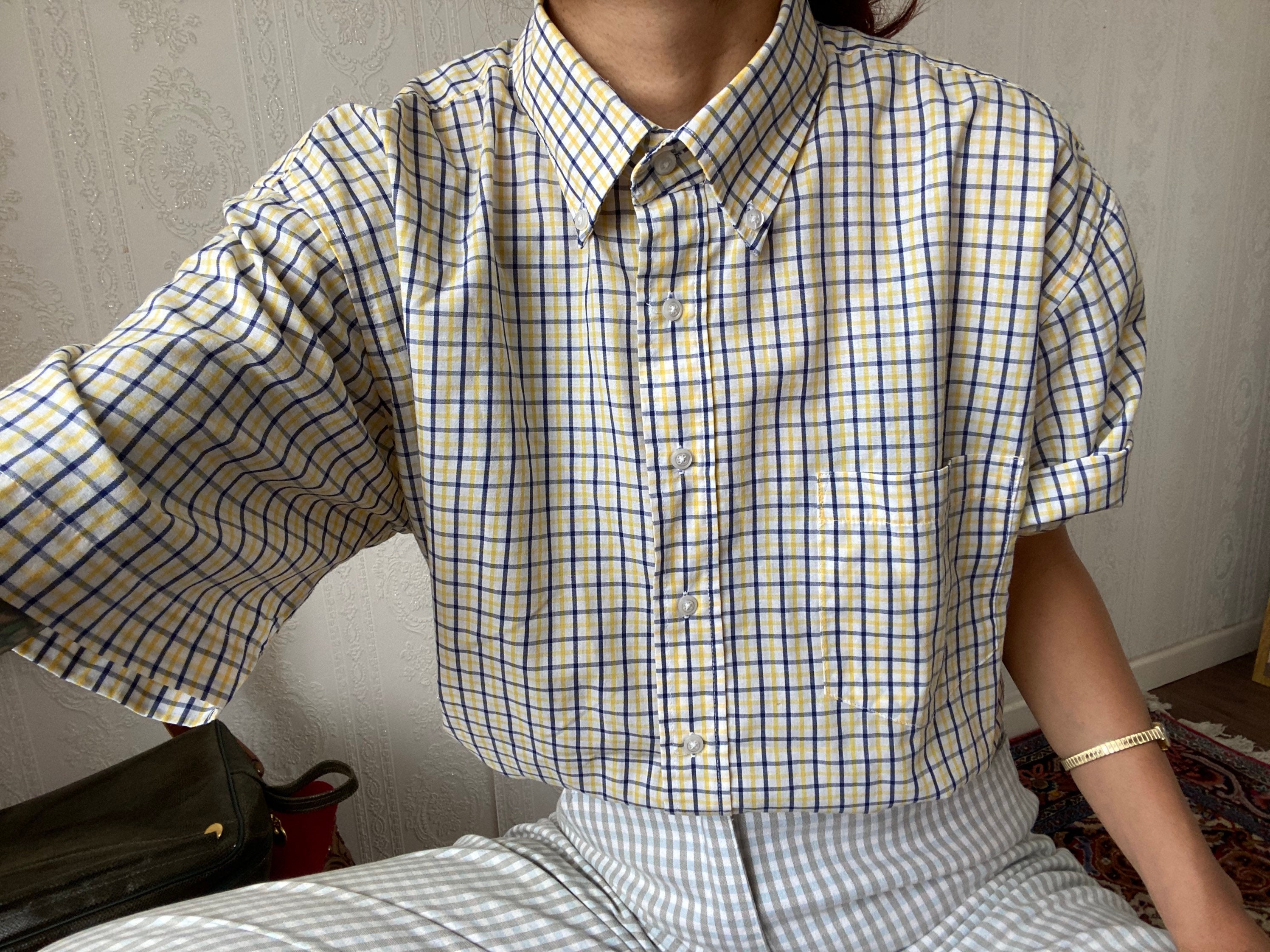 Vintage Unisex Cotton Blend Graph Check Short Sleeves Button Down Shirt/ Top/ Blouse/ Tall S - Xl