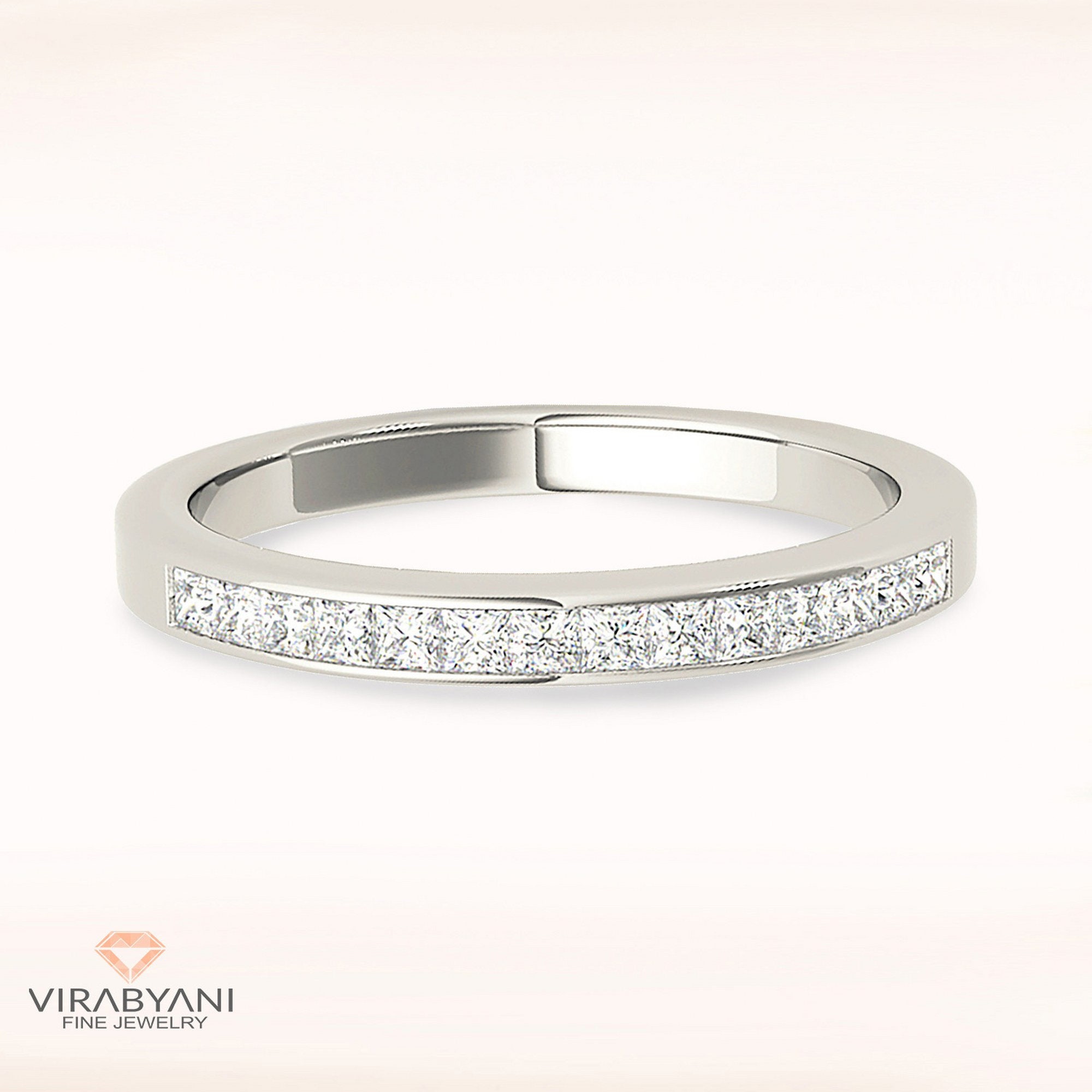 Diamond Wedding Band - 14K/18K Solid White Gold/Platinum | Channel Set Princess Cut Anniversary Ring Modern Design