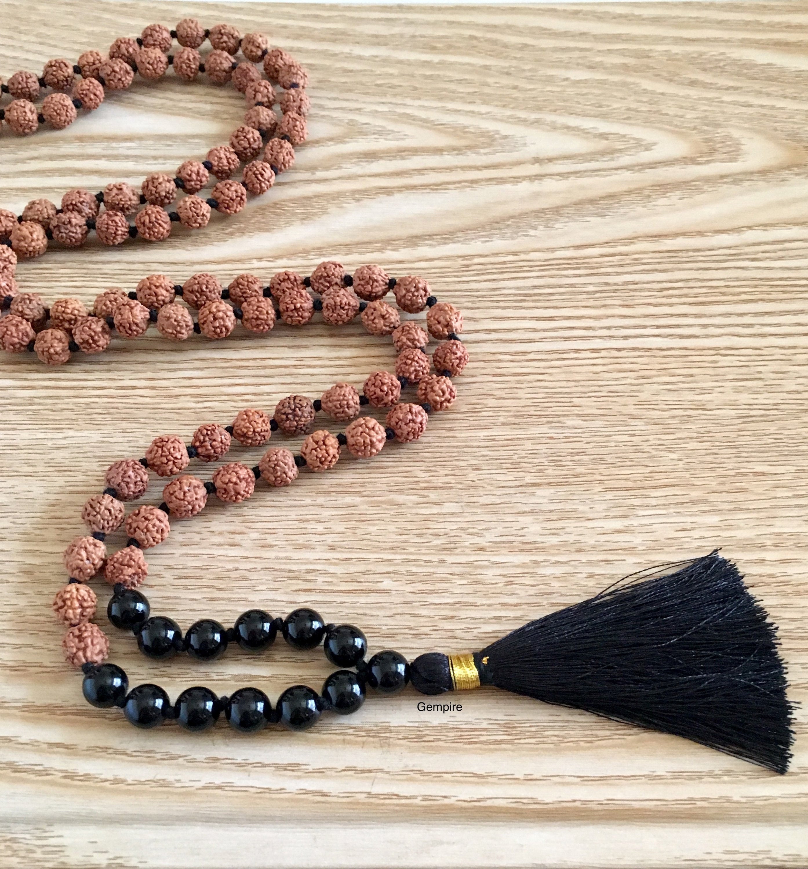 108 Rudraksha Mala - Black Onyx Necklace 8 Mm, Japa Beads Knotted Prayer Beads, Mens Necklace, Gemstone Meditation